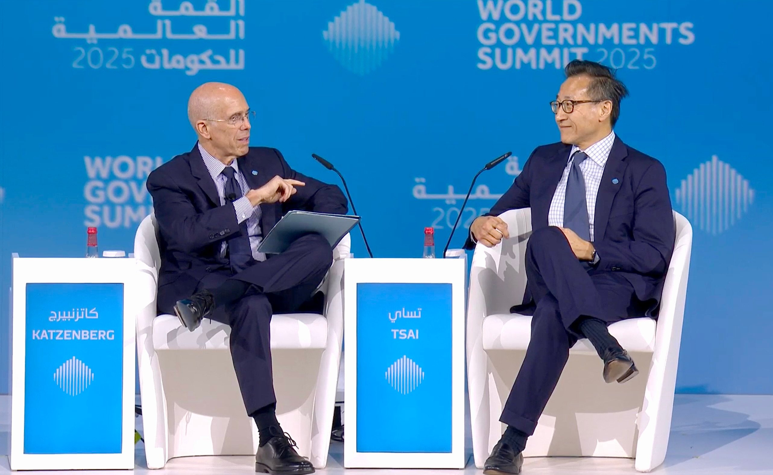 Media entrepreneur Jeffrey Katzenberg (left) talks to Alibaba chairman Joe Tsai about artificial intelligence at the World Governments Summit in Dubai on February 13, 2025. Photo: Alibaba 