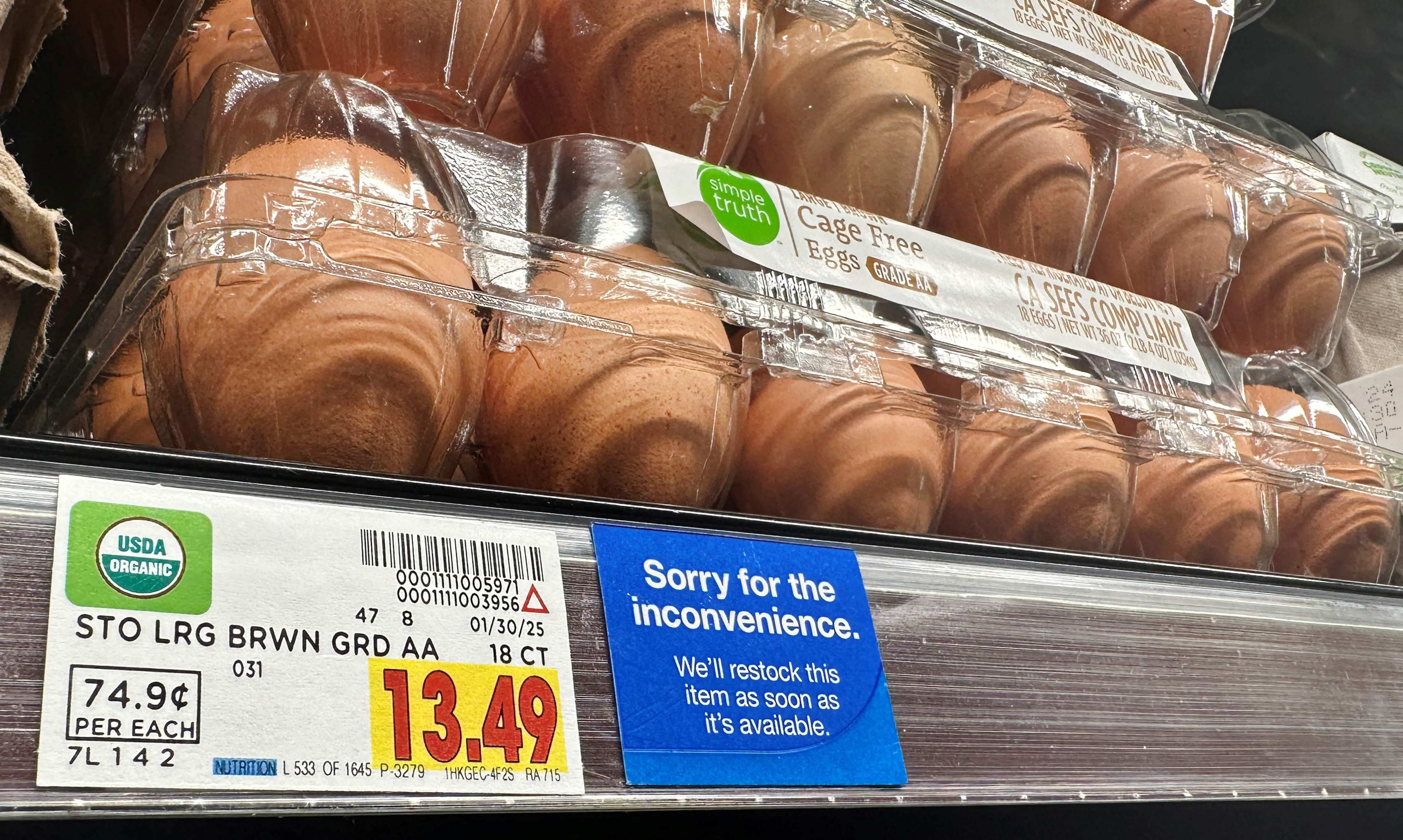 Eggs for sale at 74.9 cents per egg from a supermarket on February 10, 2025 in Monterey Park, California. Photo: AFP