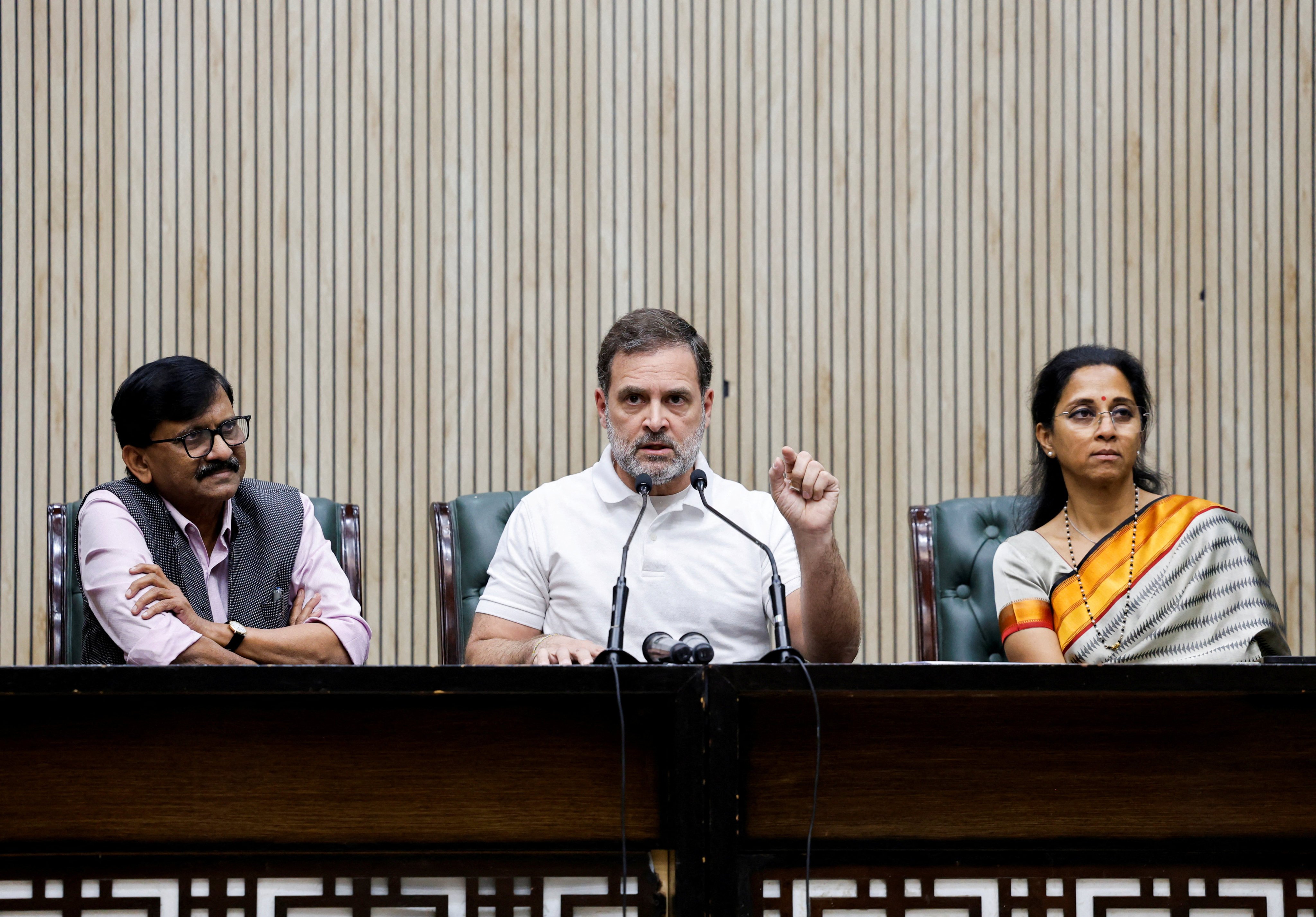 India’s main opposition Congress party leader Rahul Gandhi (centre) speaks to the media at a press conference in New Delhi on February 7. Photo: Reuters