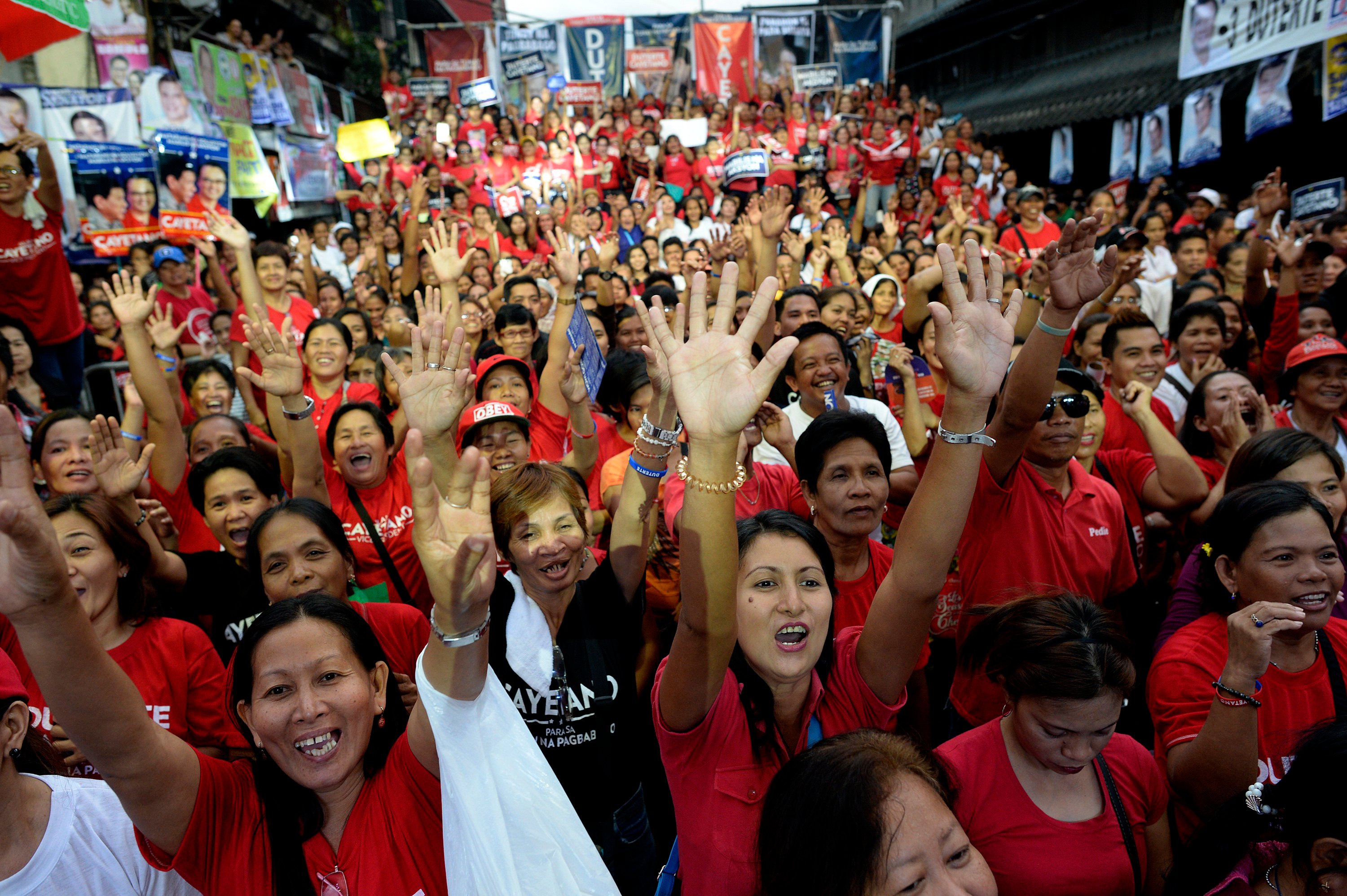 Supporters shout the name of Davao City mayor and presidential candidate Rodrigo Duterte during a rally in Manila on February 9, 2016. Photo: AFP