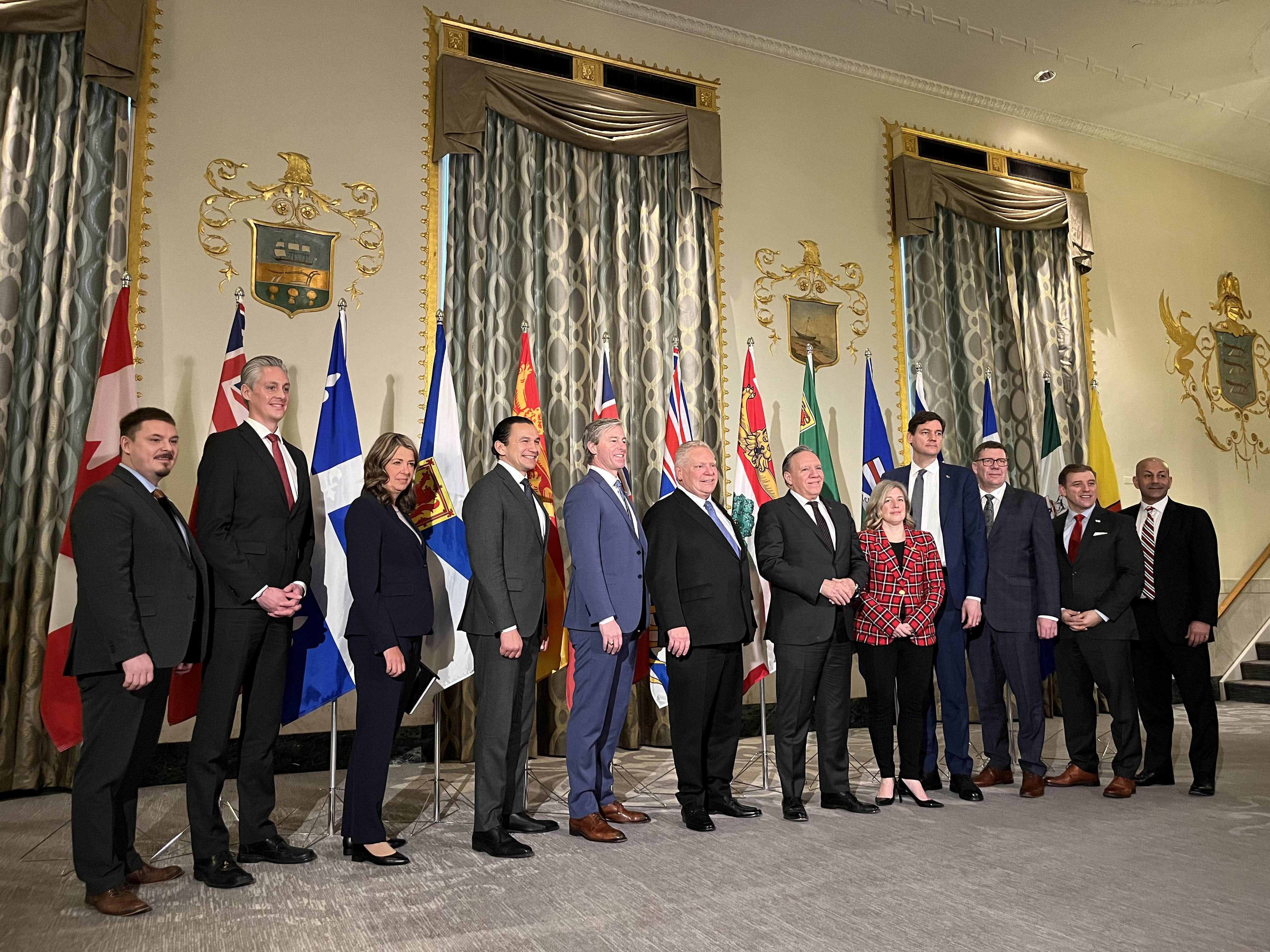 12 of Canada’s 13 premiers pose for a photo in a show of unity at the Mayflower Hotel in Washington, DC on Wednesday, February 12, 2025. Photo: Bochen Han