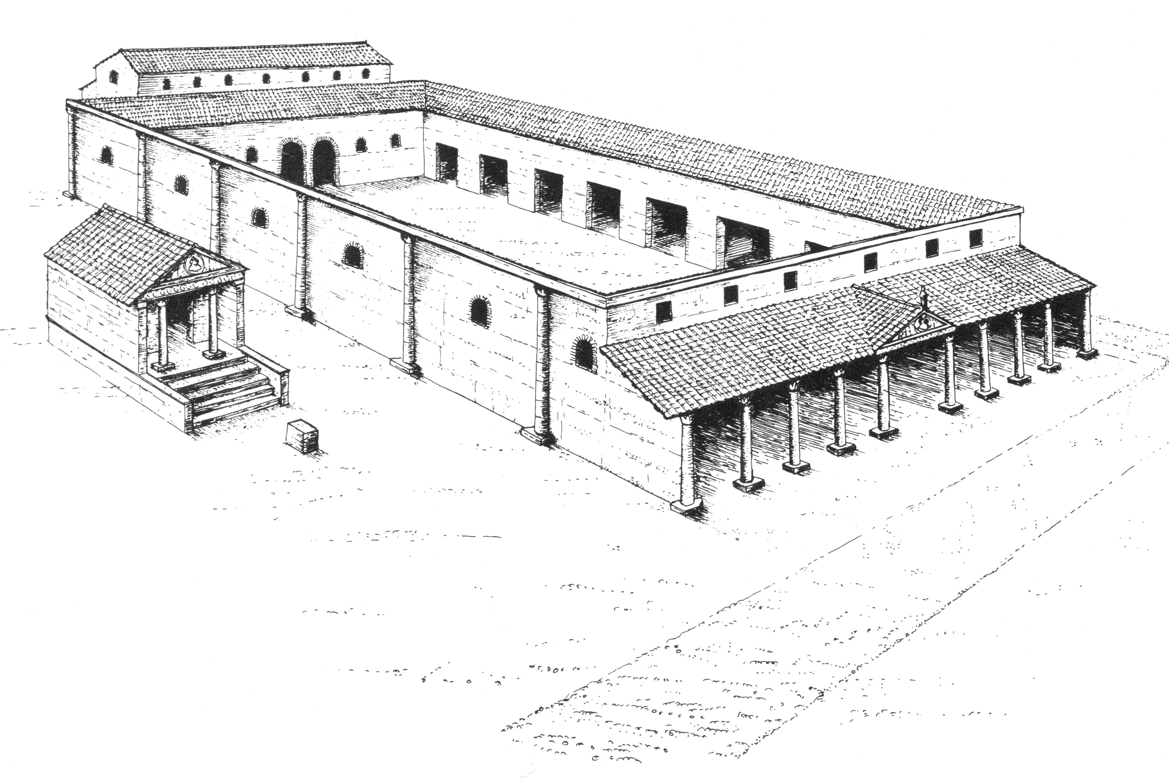 A drawing of the Roman London Basilica which was recently unearthed. Illustration: Peter Marsden via AP