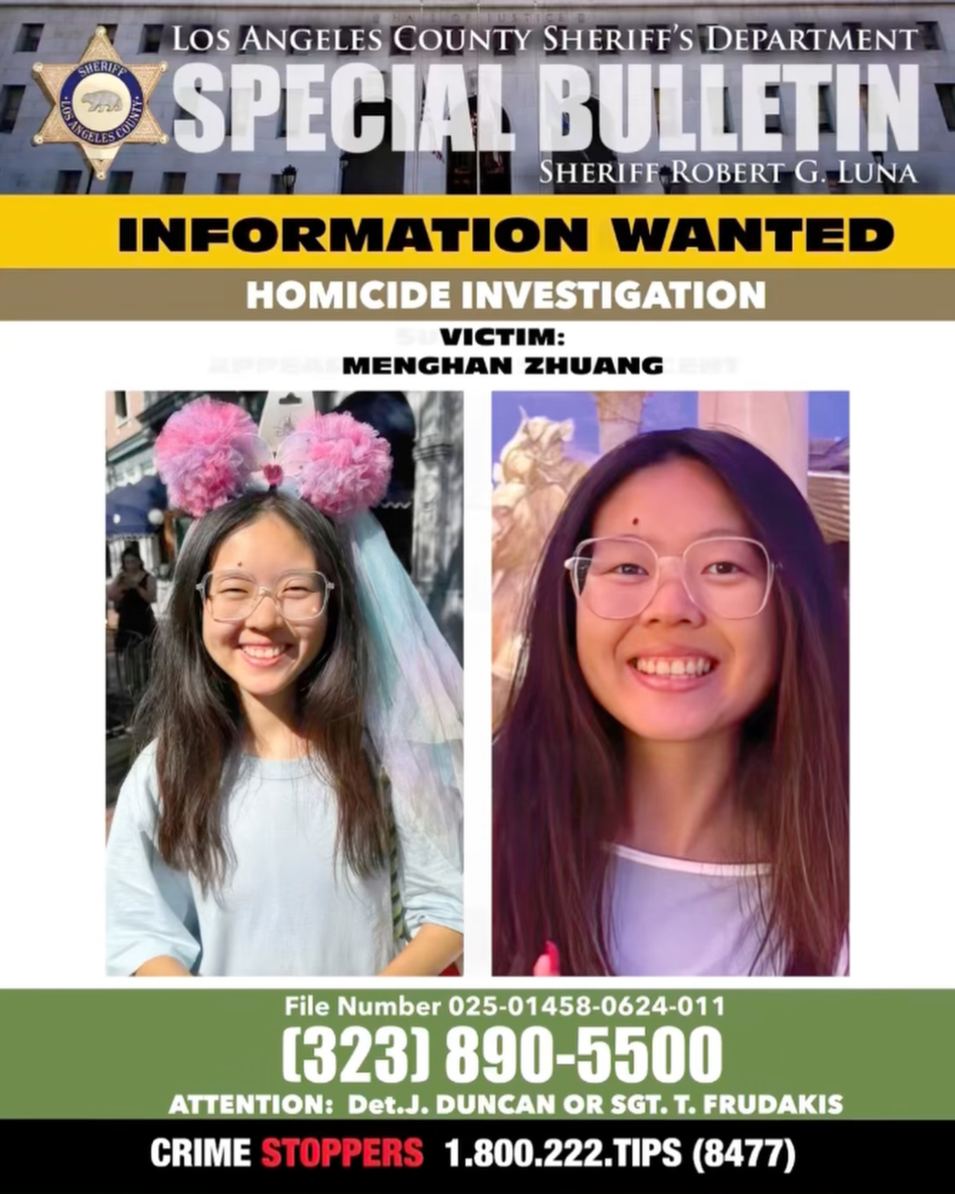 The Chinese consulate in Los Angeles has urged US authorities to speed up their investigation into the murder and bring the perpetrators to justice as soon as possible. Photo: Facebook/ Los Angeles County Sheriff’s Department