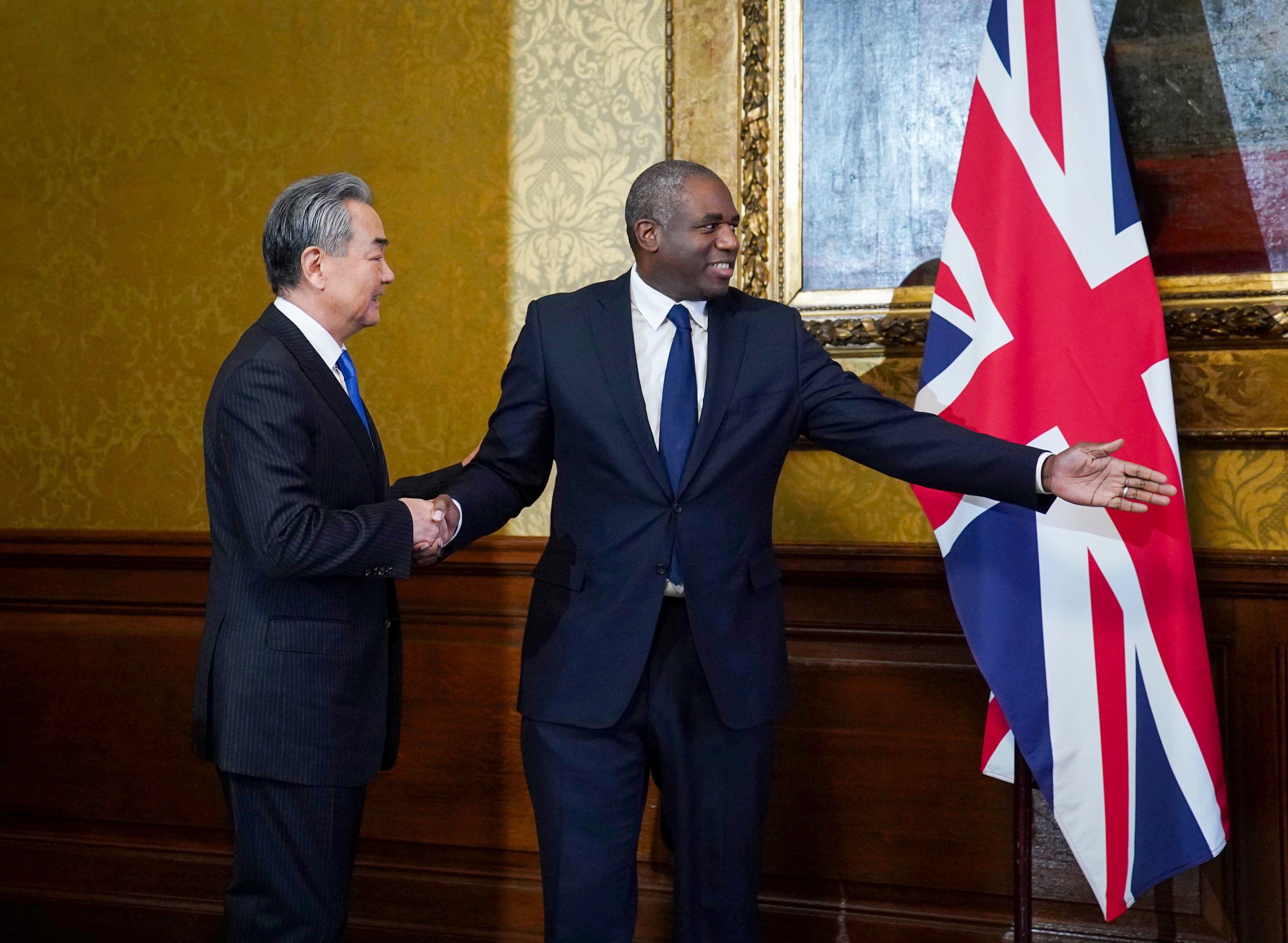 UK Foreign Secretary David Lammy with  Chinese Foreign Minister Wang Yi in London. Photo: PA Wire