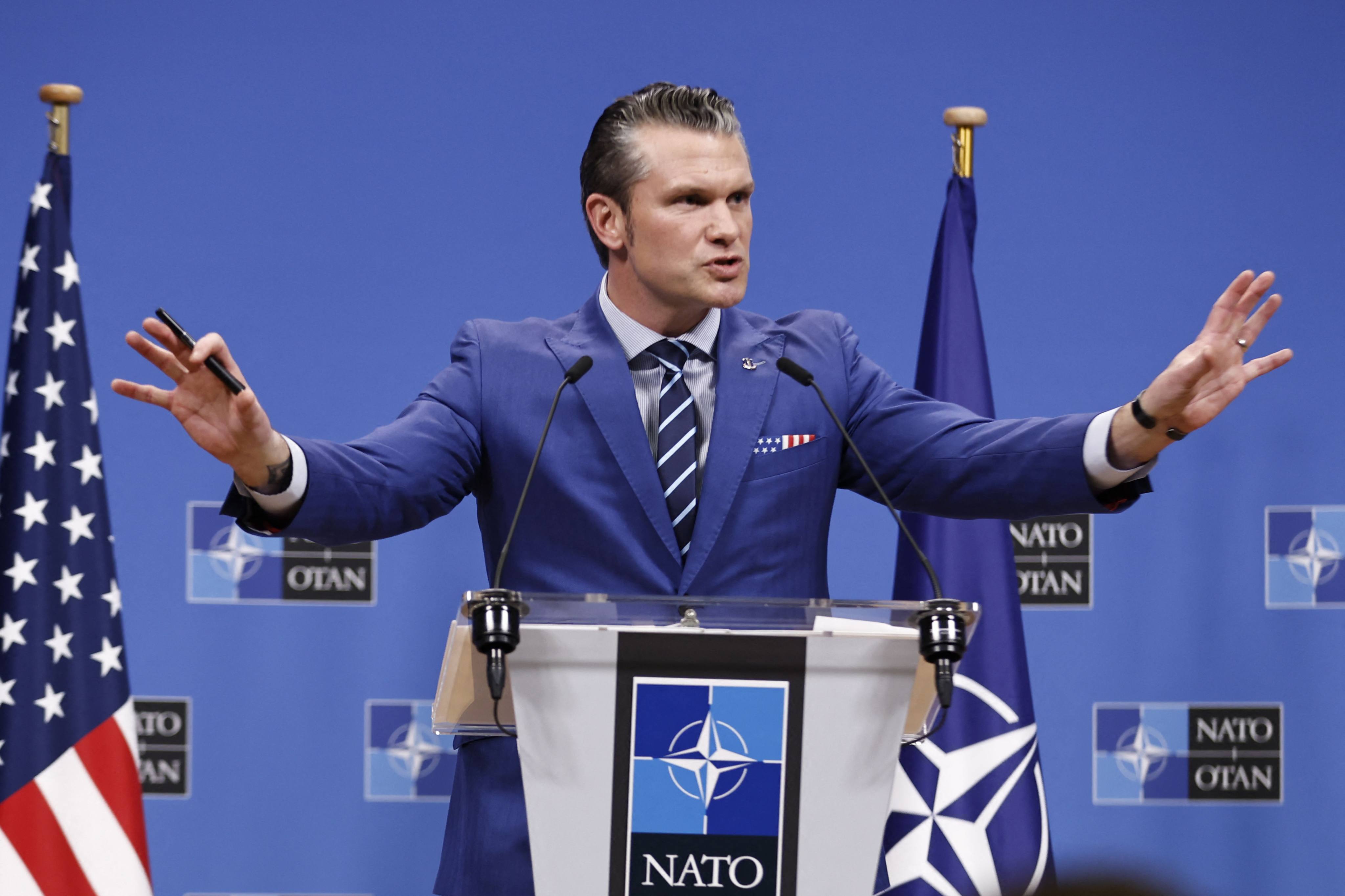 US Secretary of Defence Pete Hegseth gives a press conference following the meeting of Nato ministers of defence in Brussels on Thursday. Photo: AFP