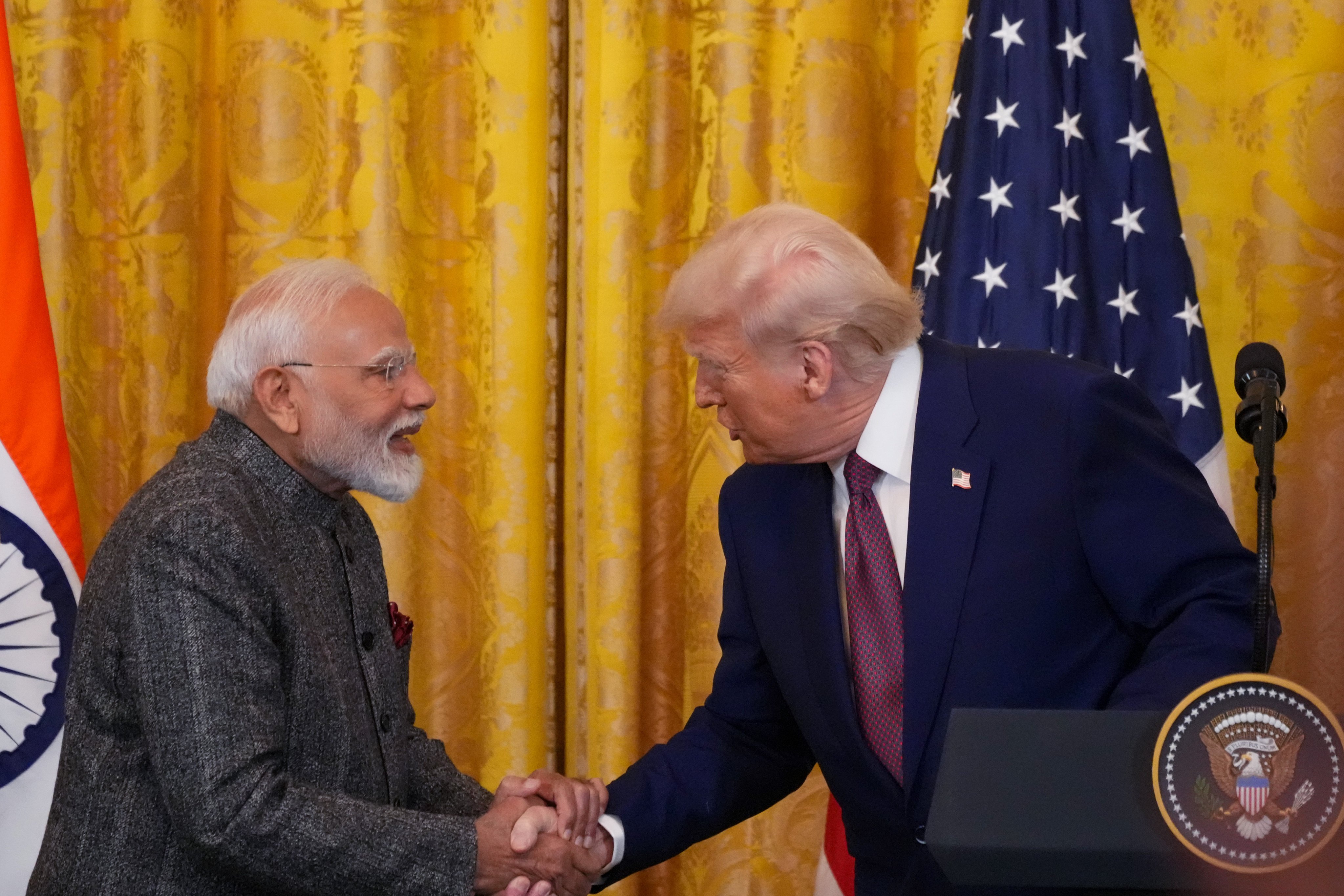 US President Donald Trump shakes hands with Indian Prime Minister Narendra Modi during a press conference in the White House on Thursday. Photo: dpa