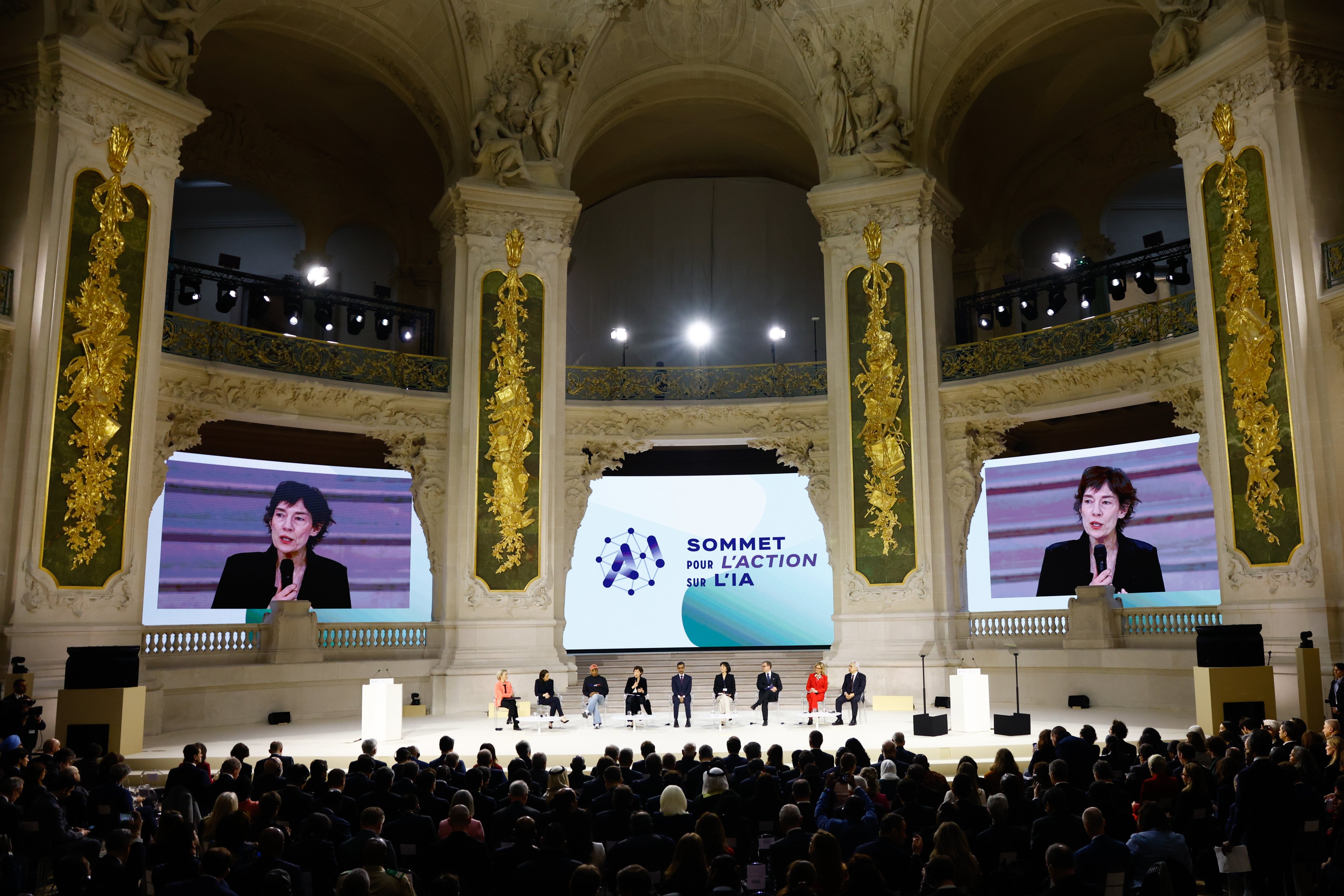 The French president’s special envoy Anne Bouverot (fourth from left) speaks during a plenary session of the Artificial Intelligence (AI) Action Summit at the Grand Palais in Paris, France,  on Tuesday. Photo: EPA-EFE