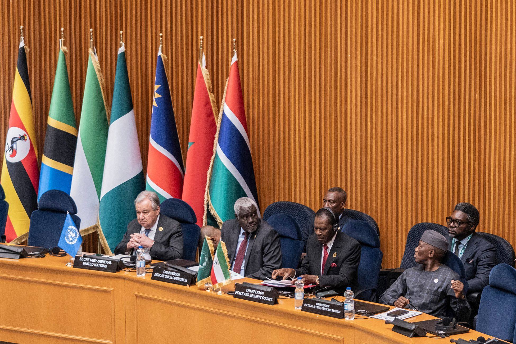 (From left) Secretary General of the United Nations Antonio Guterres, African Union Commission Chairman Moussa Faki, Equatorial Guinea’s President Teodoro Obiang Nguema Mbasogo and African Union Commissioner for Political Affairs, Peace and Security Bankole Adeoye attend the African Union Peace and Security Council meeting in Addis Ababa on Friday. Photo: AFP