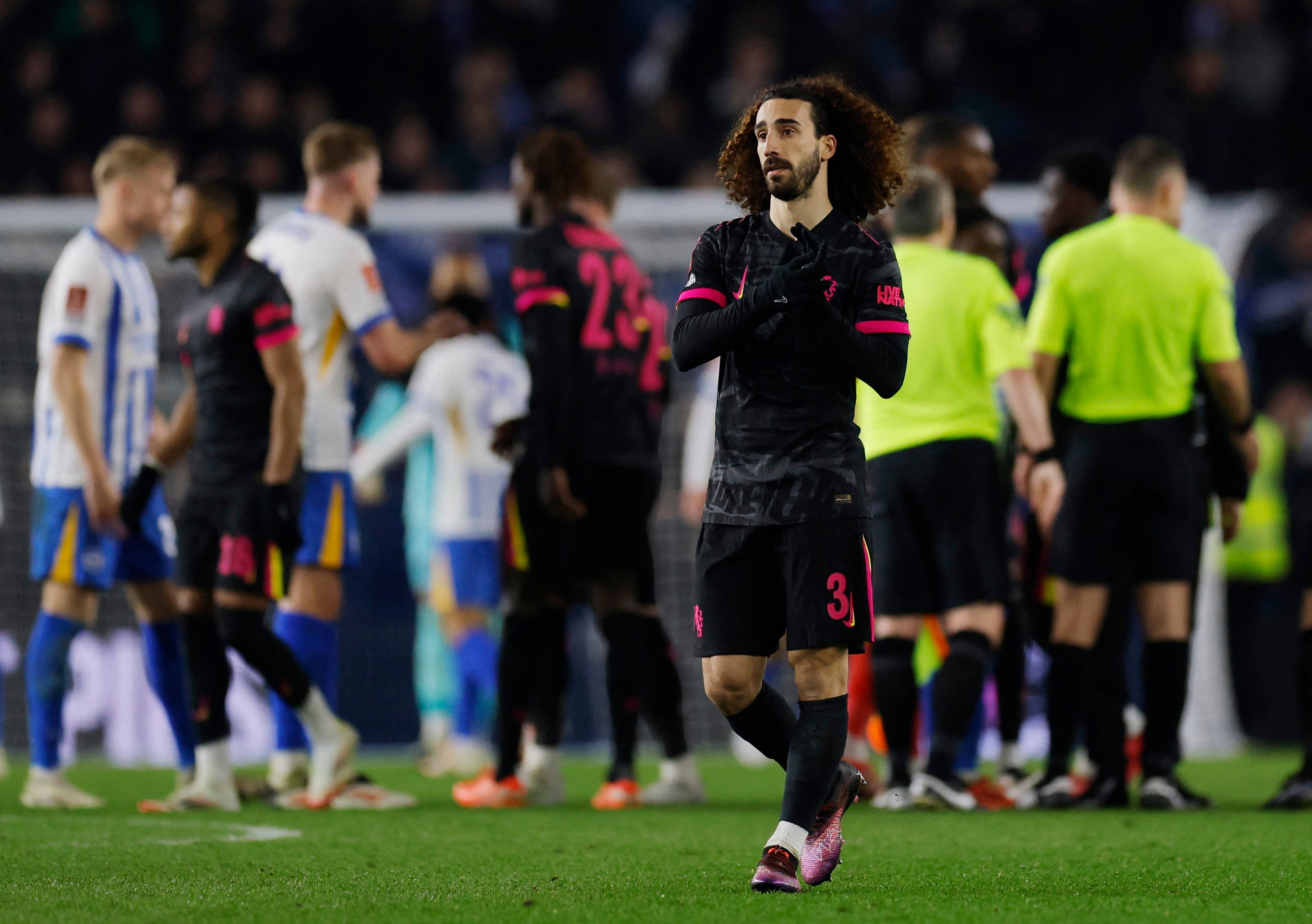 Ex-Brighton full back Marc Cucurella (front) shows his disappointment as Chelsea are heavily beaten. Photo: Reuters