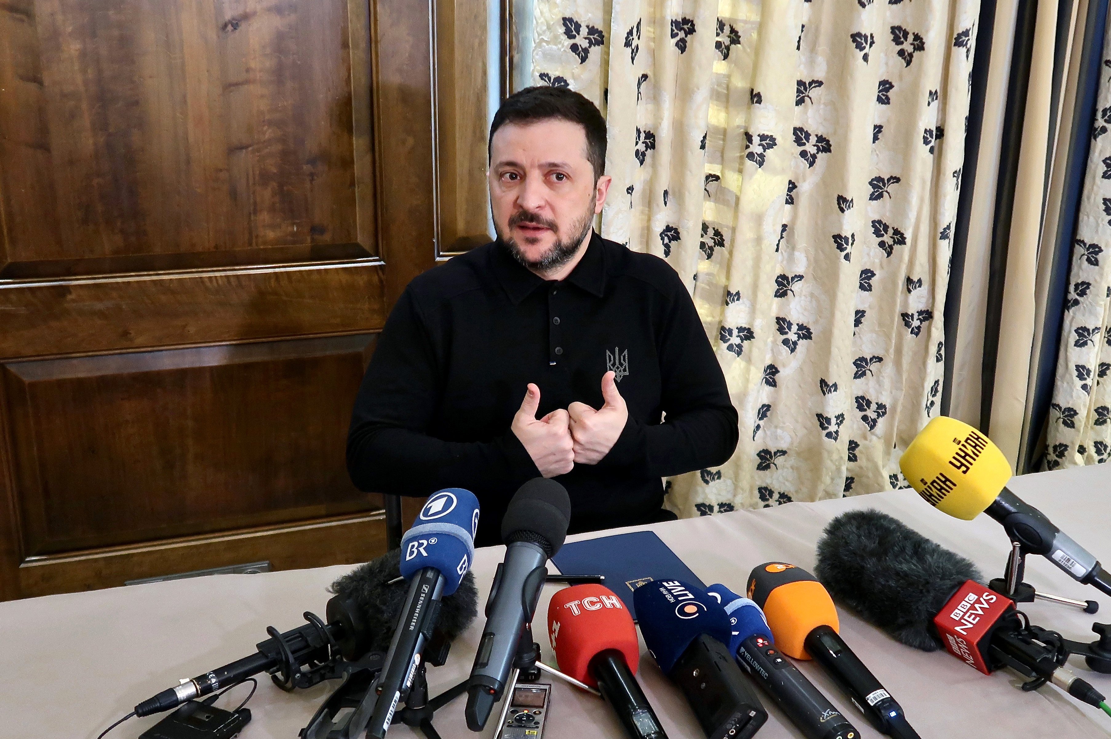 Ukraine’s President Volodymyr Zelensky addresses journalists during the 61st Munich Security Conference in Germany on Friday. Photo: Ukrinform via dpa