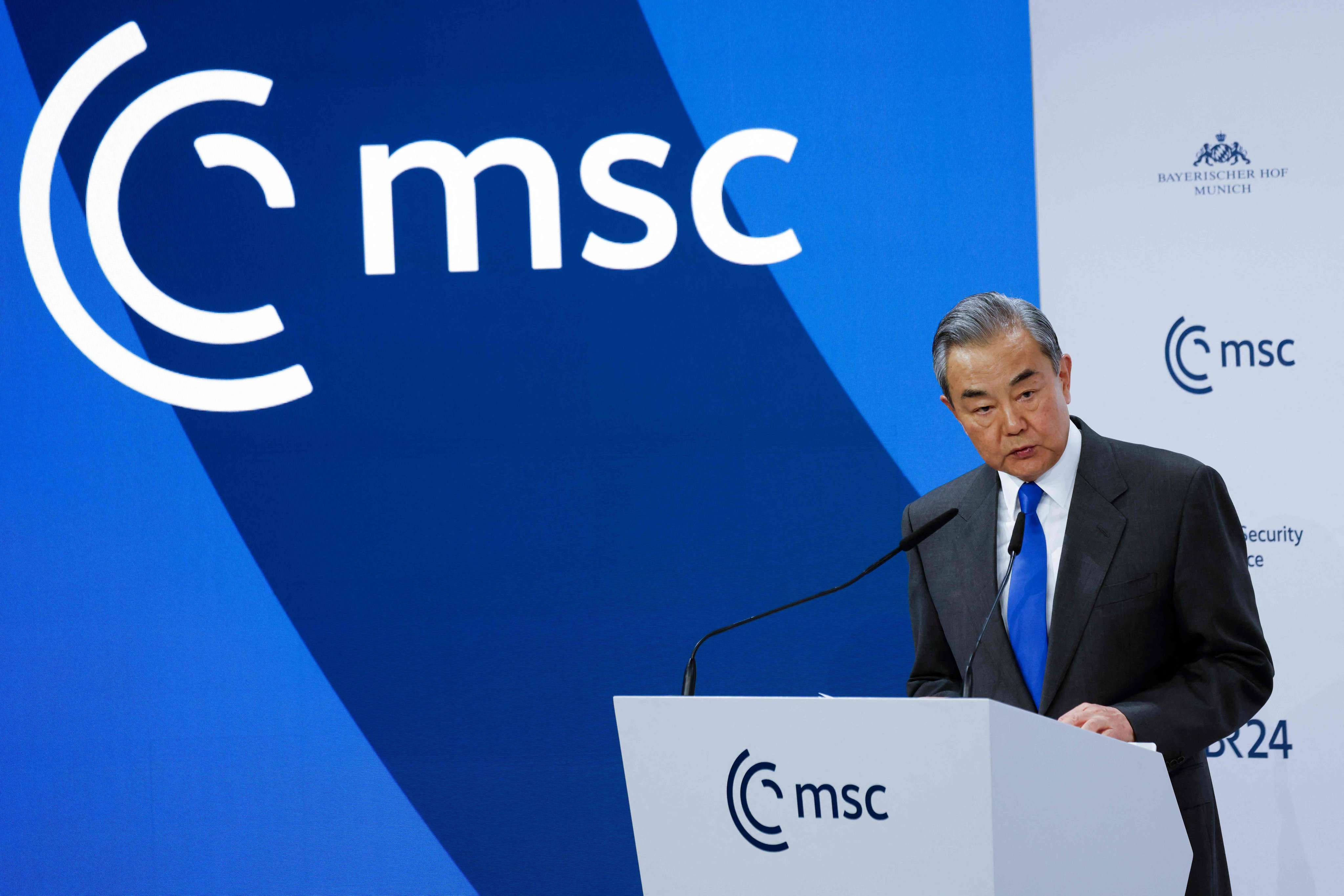 Chinese Foreign Minister Wang Yi addressing the  Munich Security Conference  on Friday. Photo: AFP