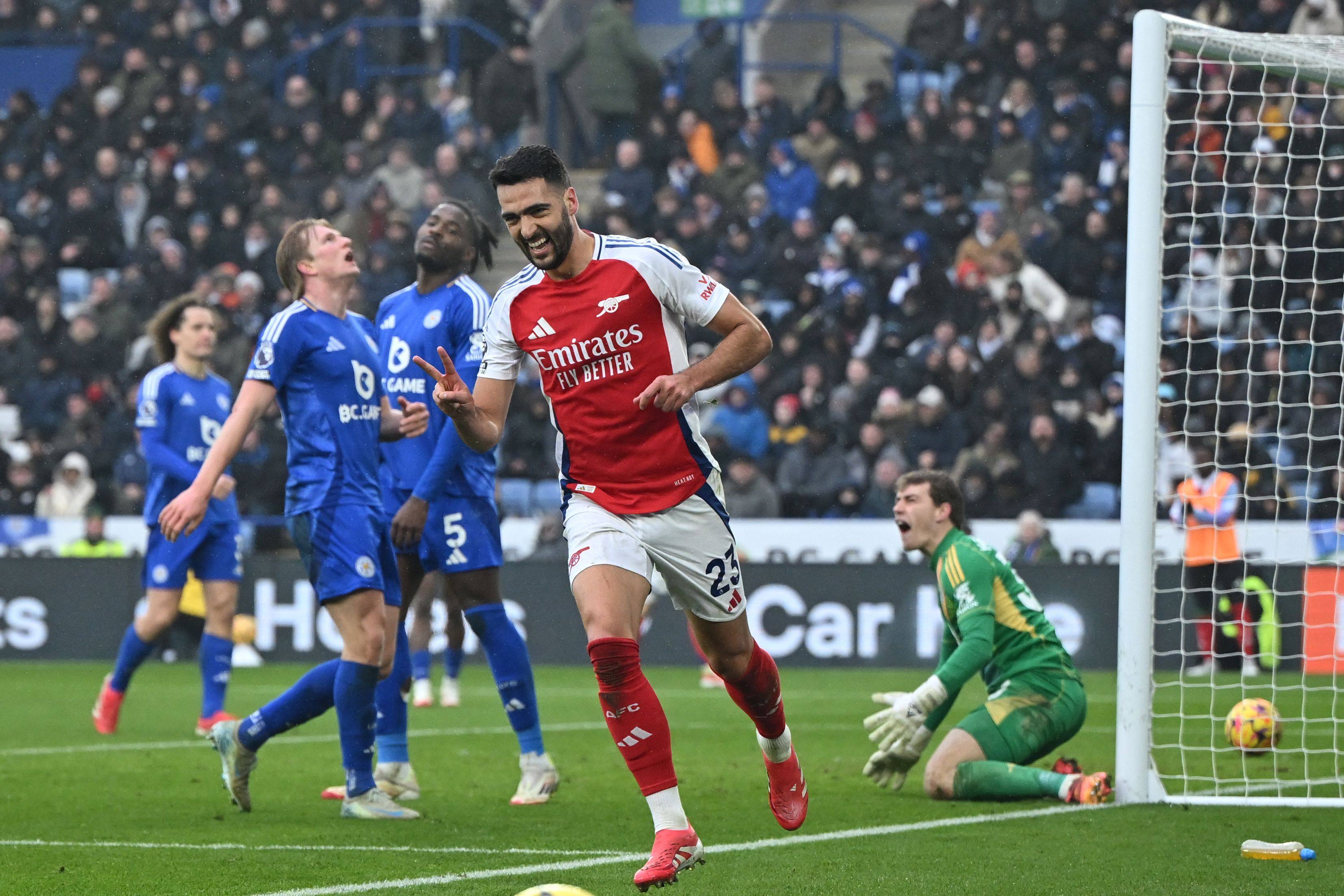 Mikel Merino wheels away after scoring the second of his two goals in Arsenal’s 2-0 win at Leicester City. Photo: AFP