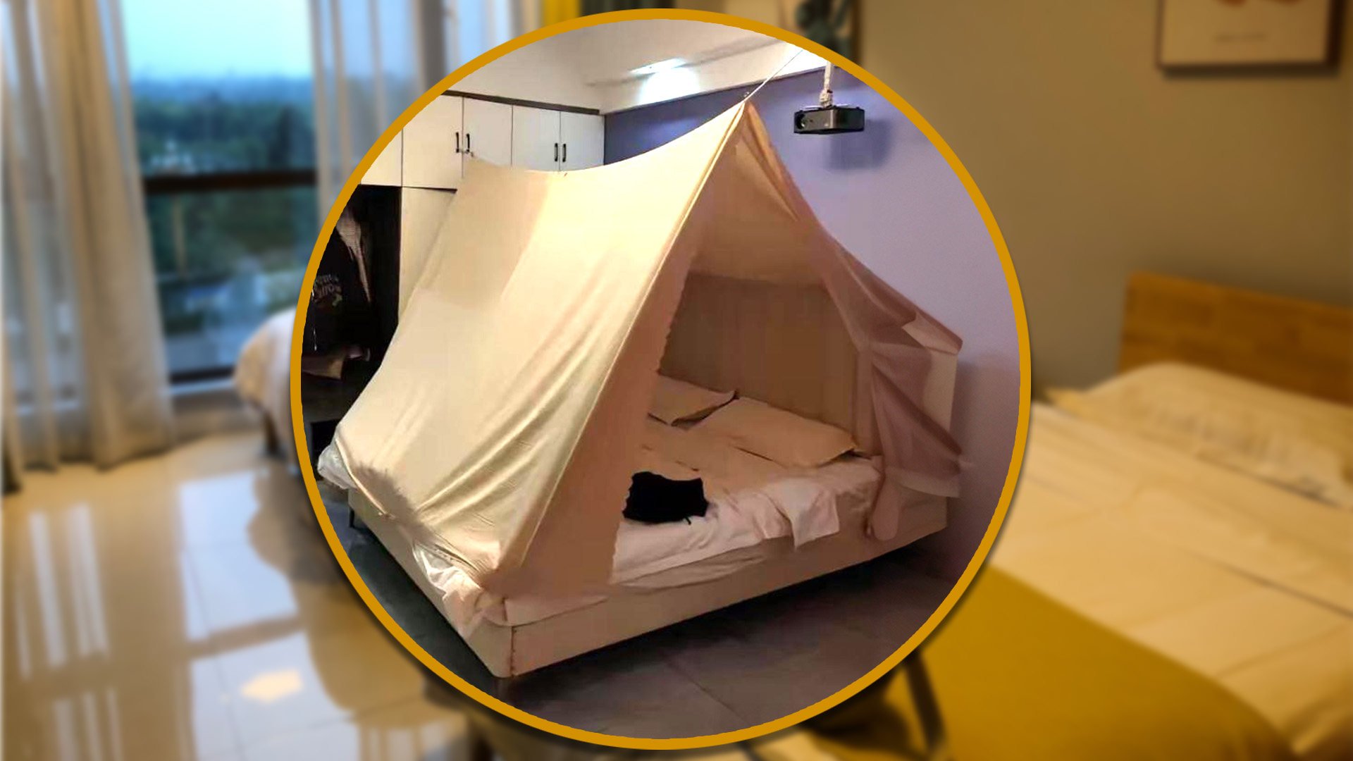 A woman in China, concerned about hidden cameras in her hotel room, fashioned a makeshift tent to protect her bed. Photo: SCMP composite/Shutterstock/Douyin