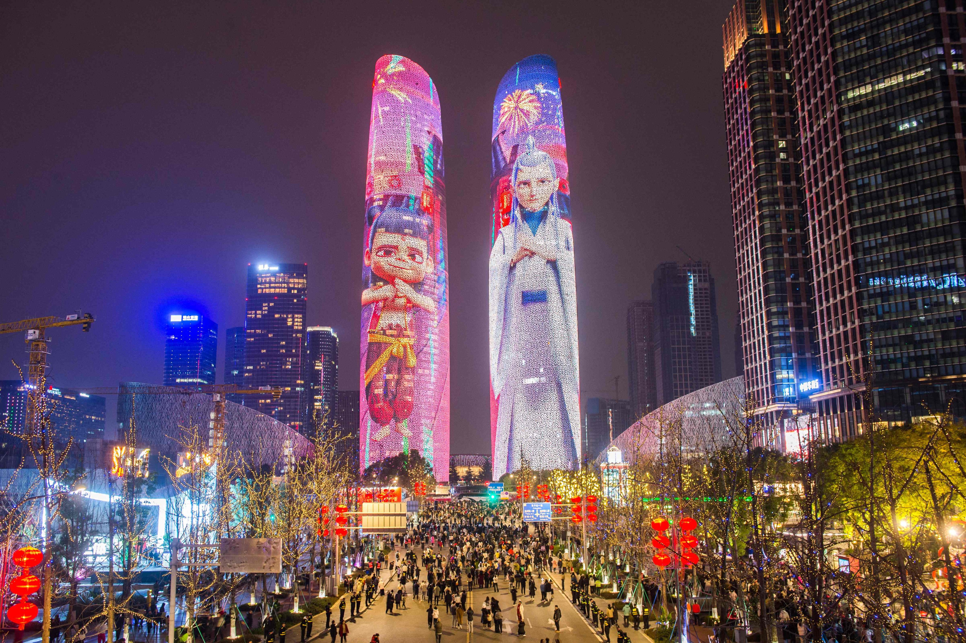 Buildings are lit up with characters from the movie Nezha 2, in Chengdu, in China’s southwest Sichuan province, on February 12. Photo: AFP