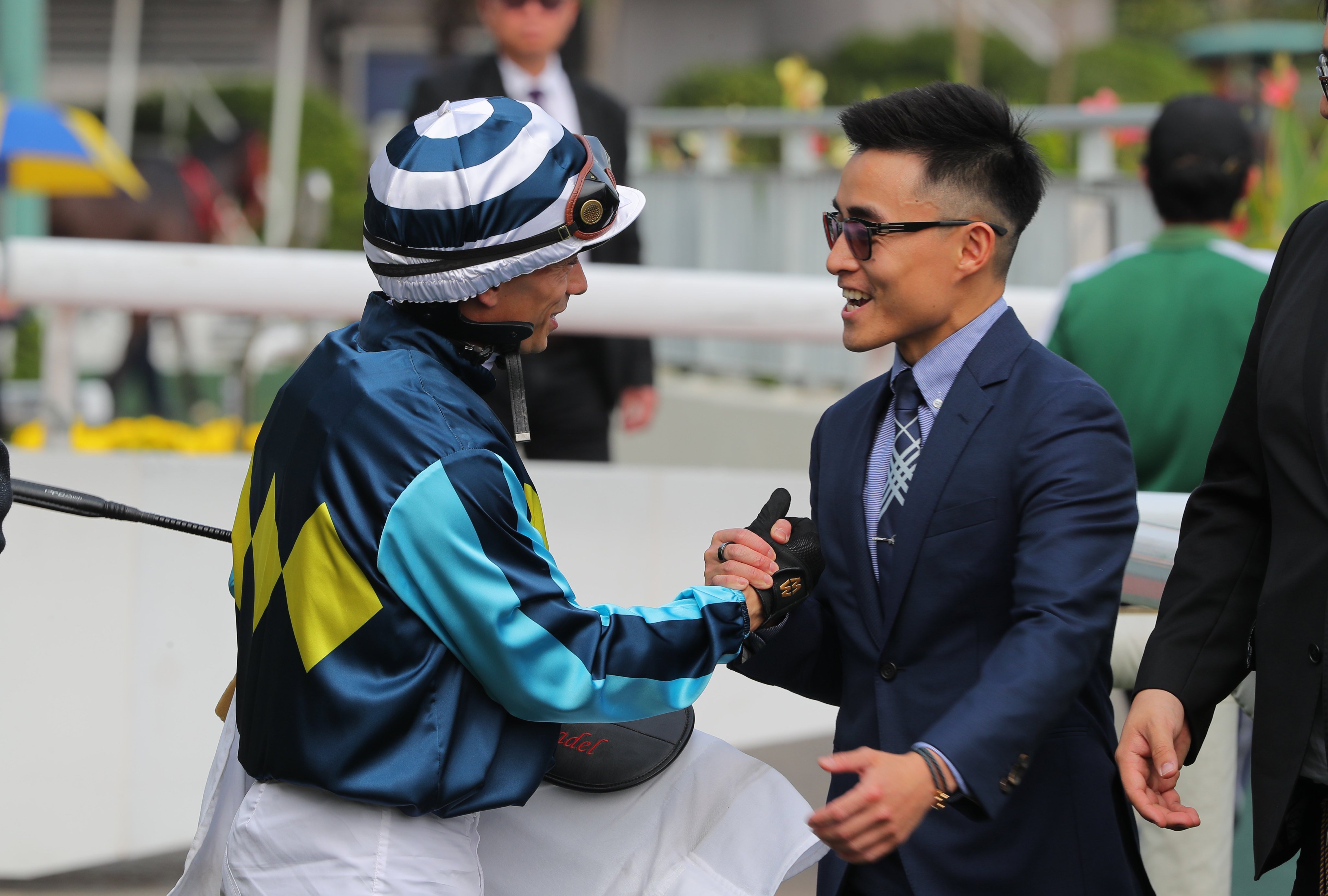 Keith Yeung congratulates Alexis Badel after the French jockey’s victory aboard Master Of All at Sha Tin on Sunday. Photos: Kenneth Chan