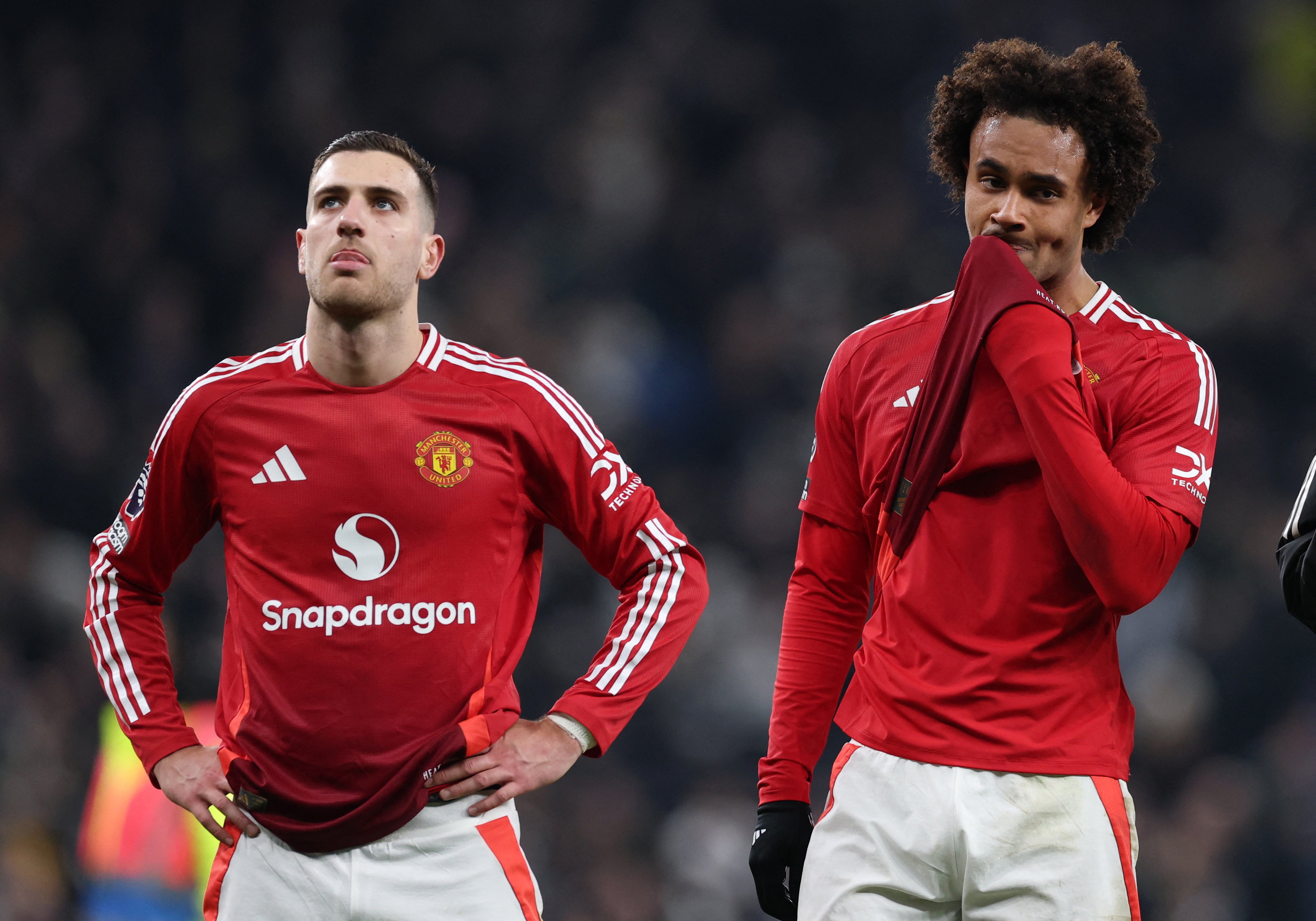 Diogo Dalot (left) and Joshua Zirkzee show their disappointment at yet another defeat for Manchester United. Photo: Reuters