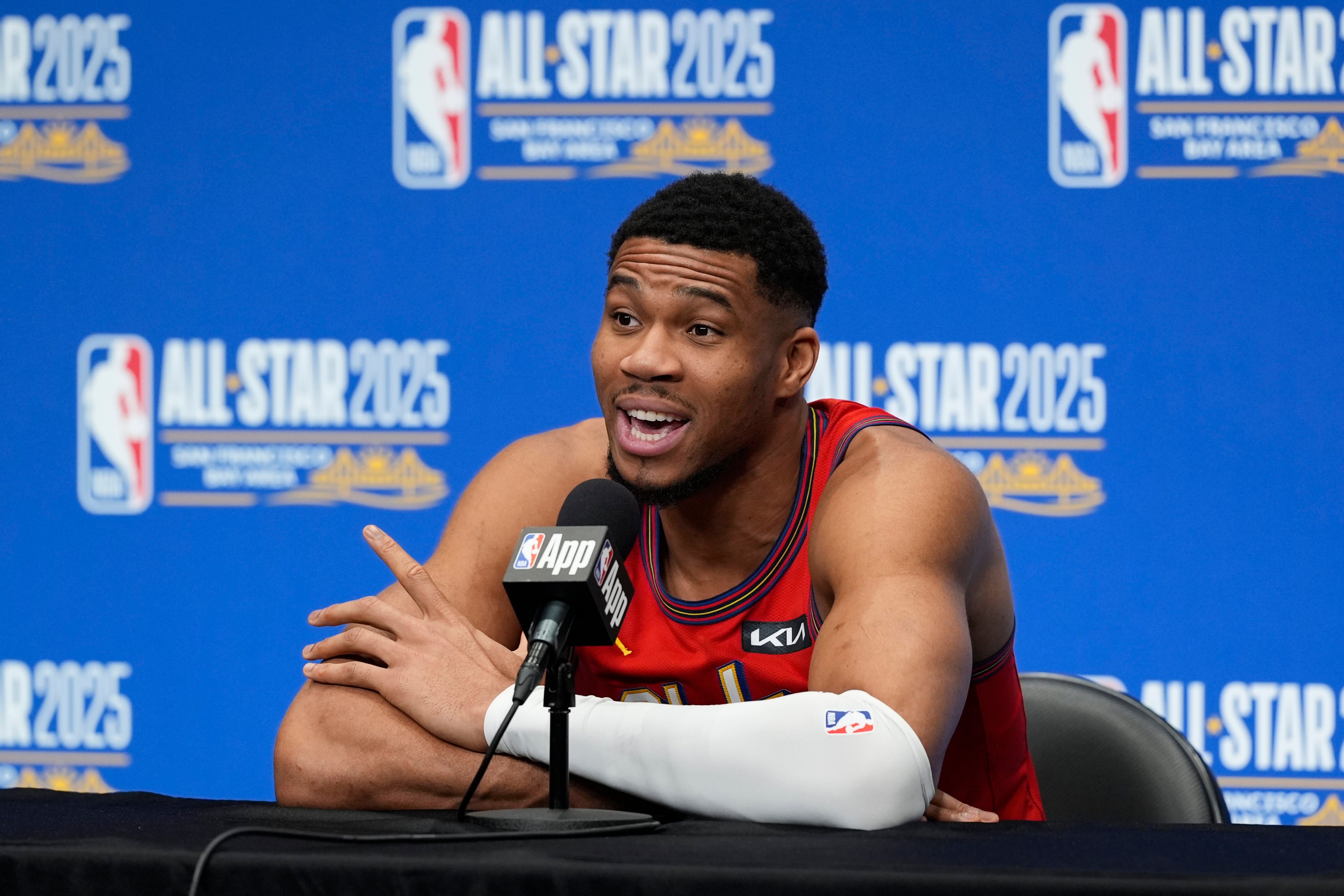 Giannis Antetokounmpo speaks during a press conference before the NBA All-Star event. Photo: AP