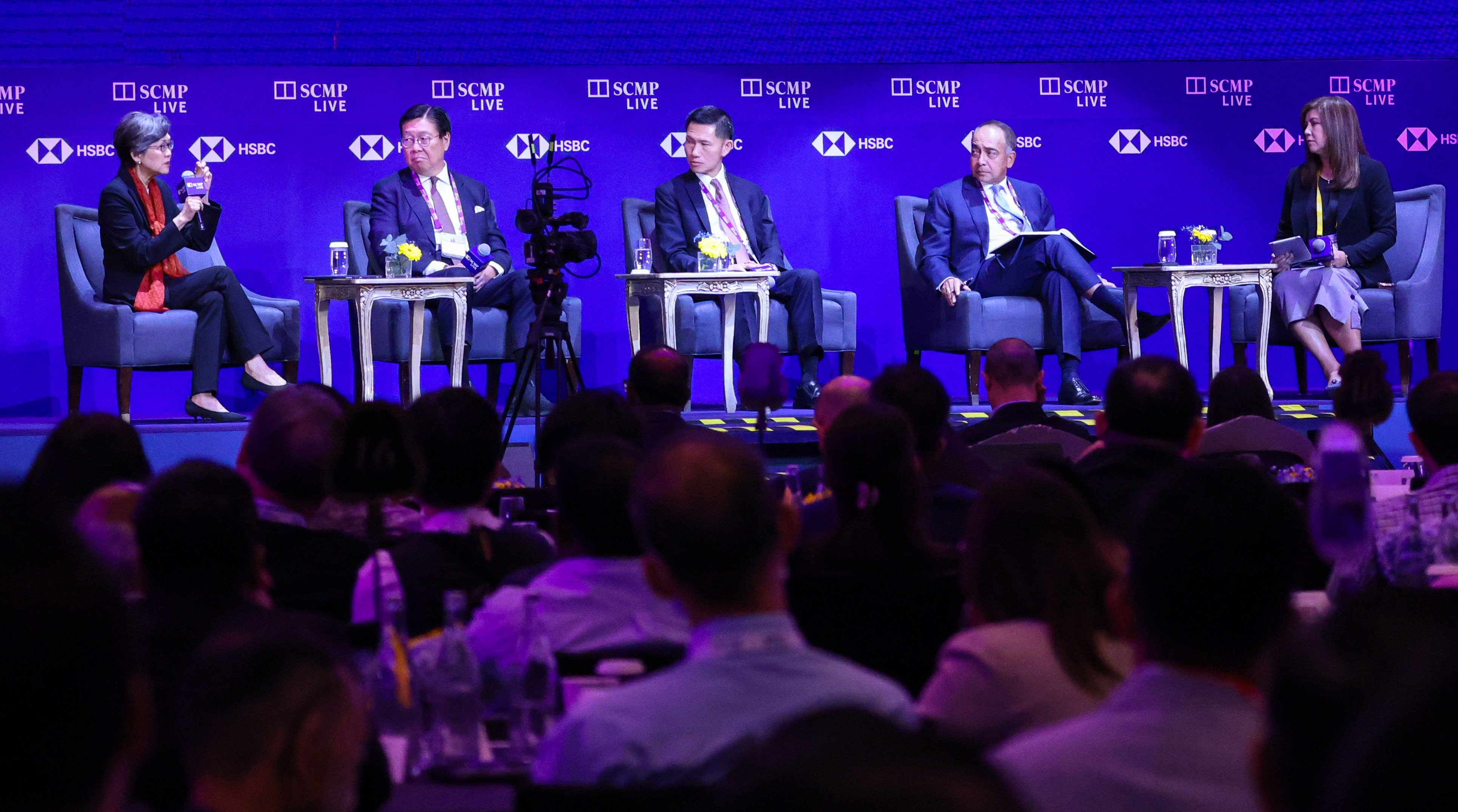 (From left) Chan Heng-chee, Singapore’s ambassador-at-large; Frederick Ma, chairman of the board at FWD Group; Thitinan Pongsudhirak, professor of international relations at Chulalongkorn University; Asean Business Advisory Council chairman Nazir Razak; and Zuraidah Ibrahim, executive managing editor of the South China Morning Post, during the “China Conference: Southeast Asia 2025” in Kuala Lumpur, Malaysia on Monday. Photo: Nora Tam