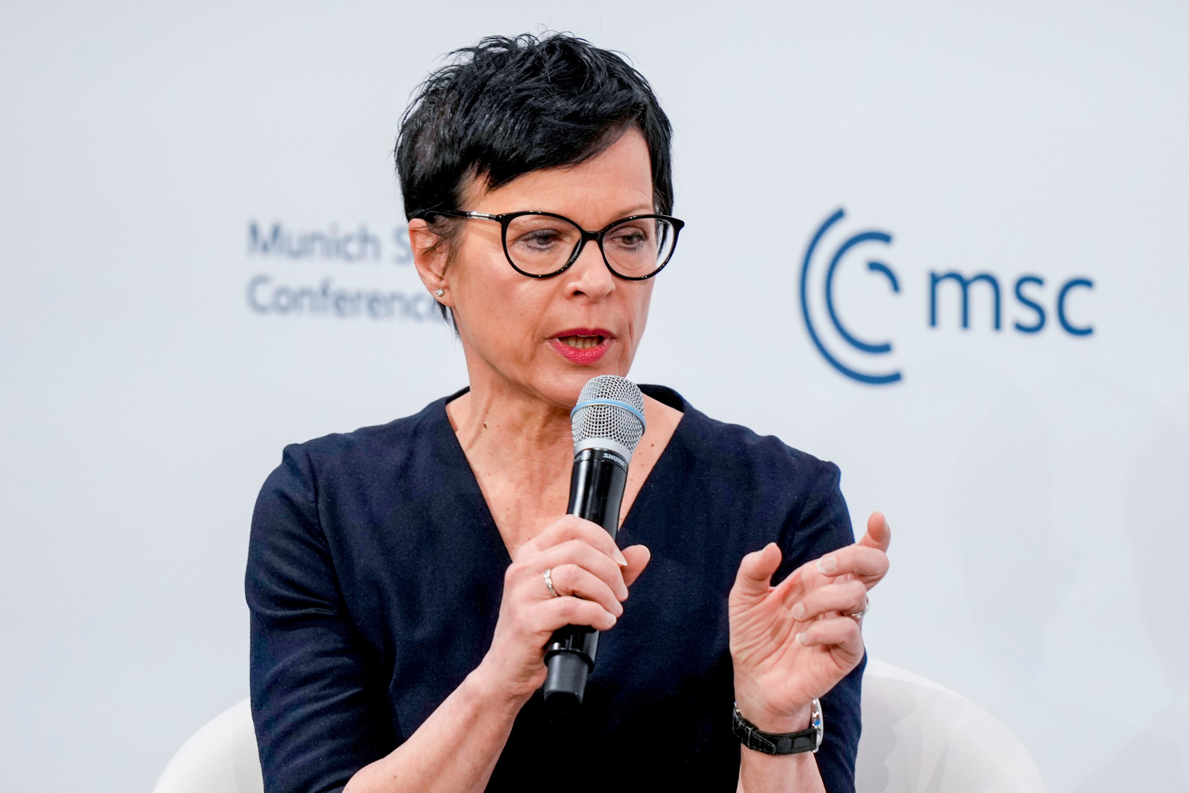 Marta Kos, EU Enlargement Commissioner, speaks at the Munich Security Conference at the Bayerischer Hof Hotel in Munich, Germany on Sunday. Photo: AP