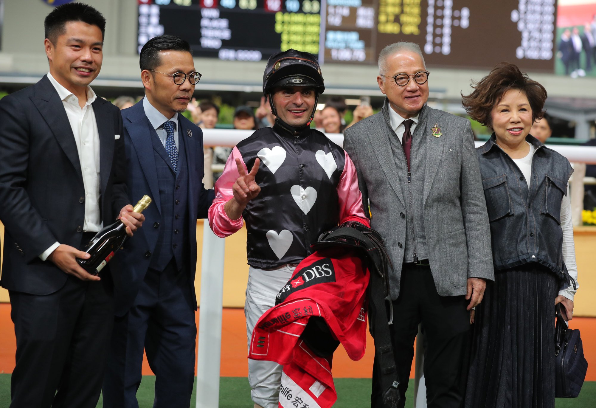 Frankie Lor (second from left), jockey Andrea Atzeni and connections of Beauty Destiny celebrate.