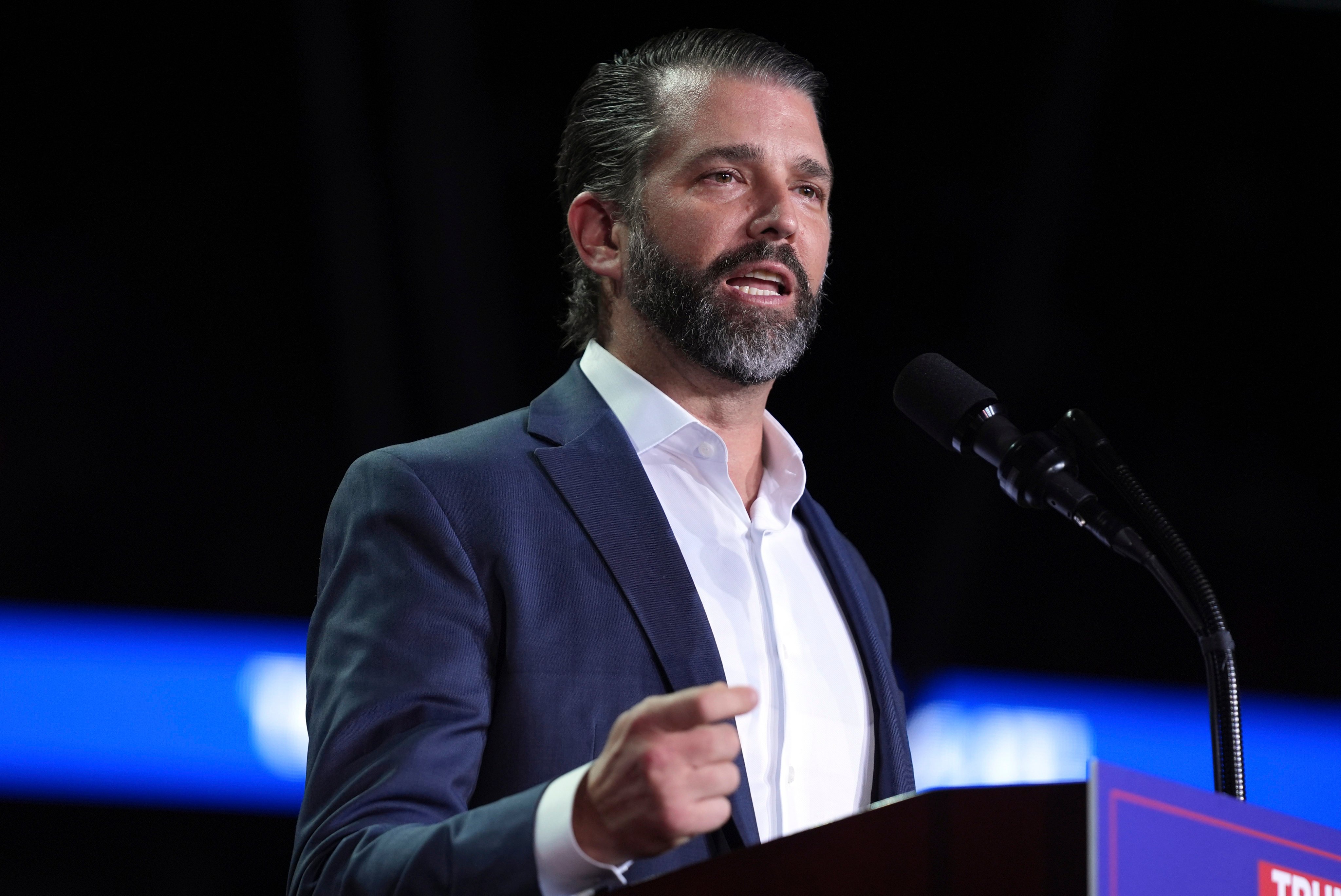 Donald Trump Jnr speaks at a campaign rally on November 5, 2024, in Grand Rapids, Michigan. Photo: AP 