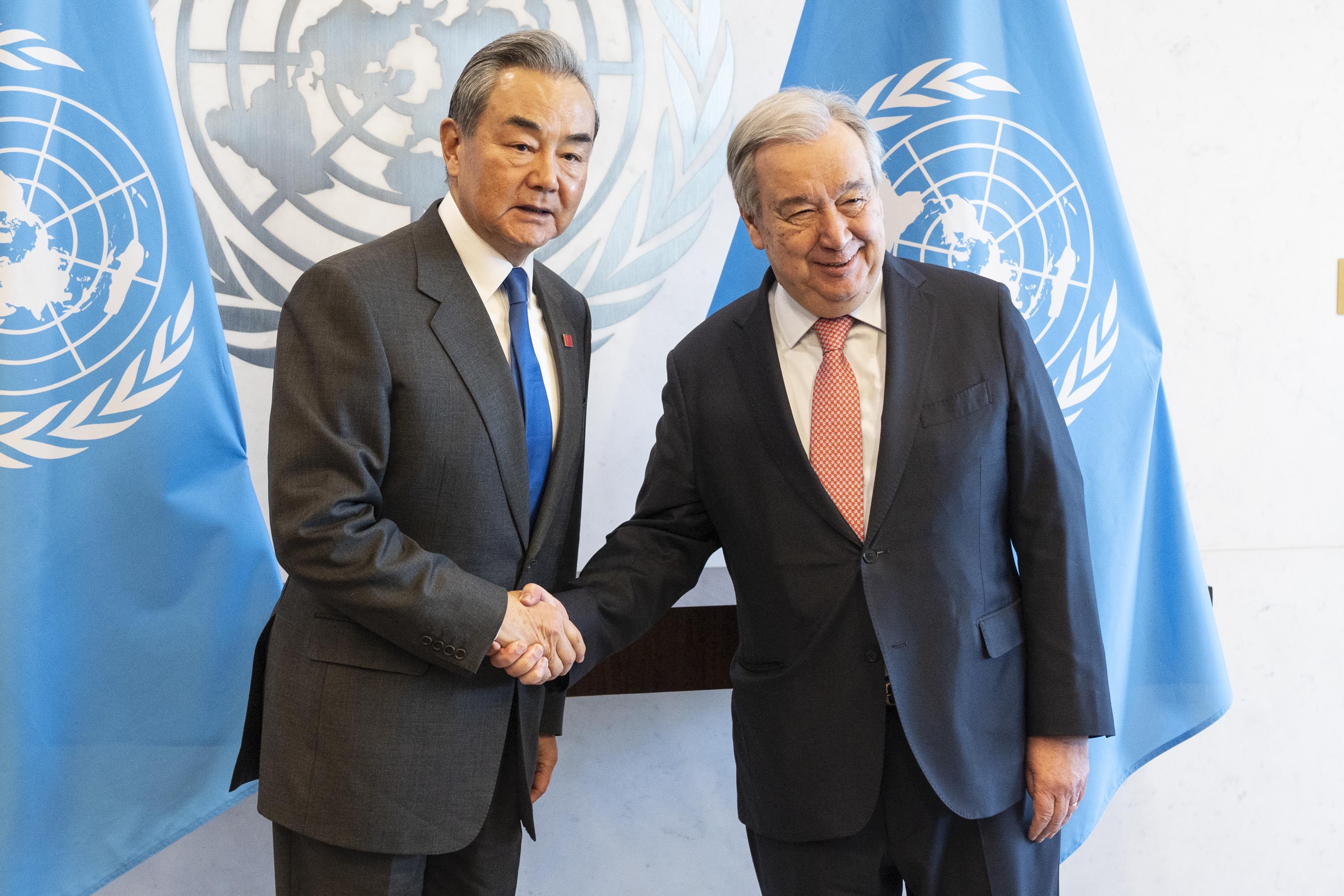 Chinese Foreign Minister Wang Yi with UN Secretary General Antonio Guterres before their meeting at UN headquarters in New York on Tuesday. Photo: Zuma Press Wire/dpa