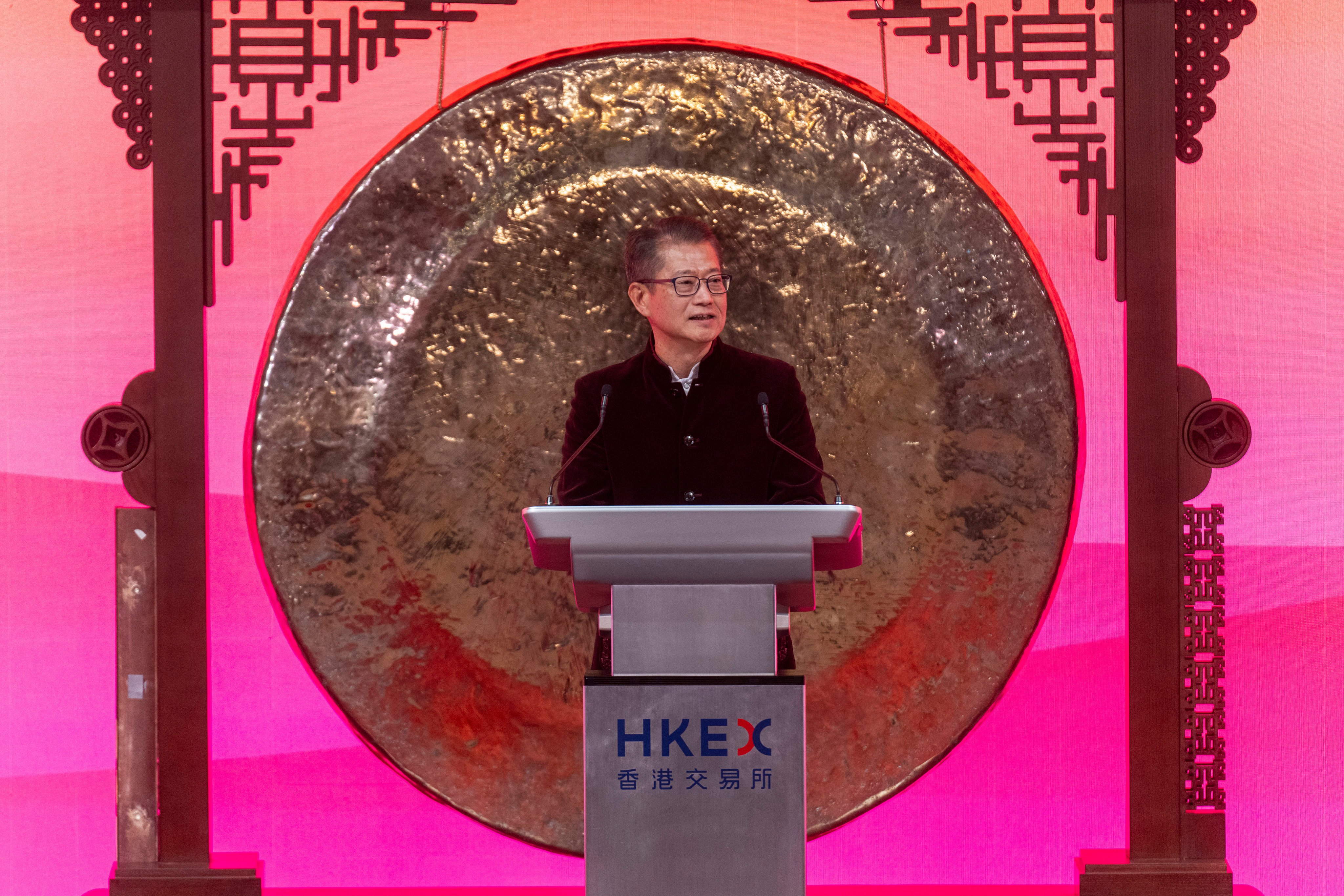 Hong Kong Financial Secretary Paul Chan speaks during a ceremony to mark the first trading day of the Year of the Snake at the Hong Kong stock exchange on February 3. Photo: AP