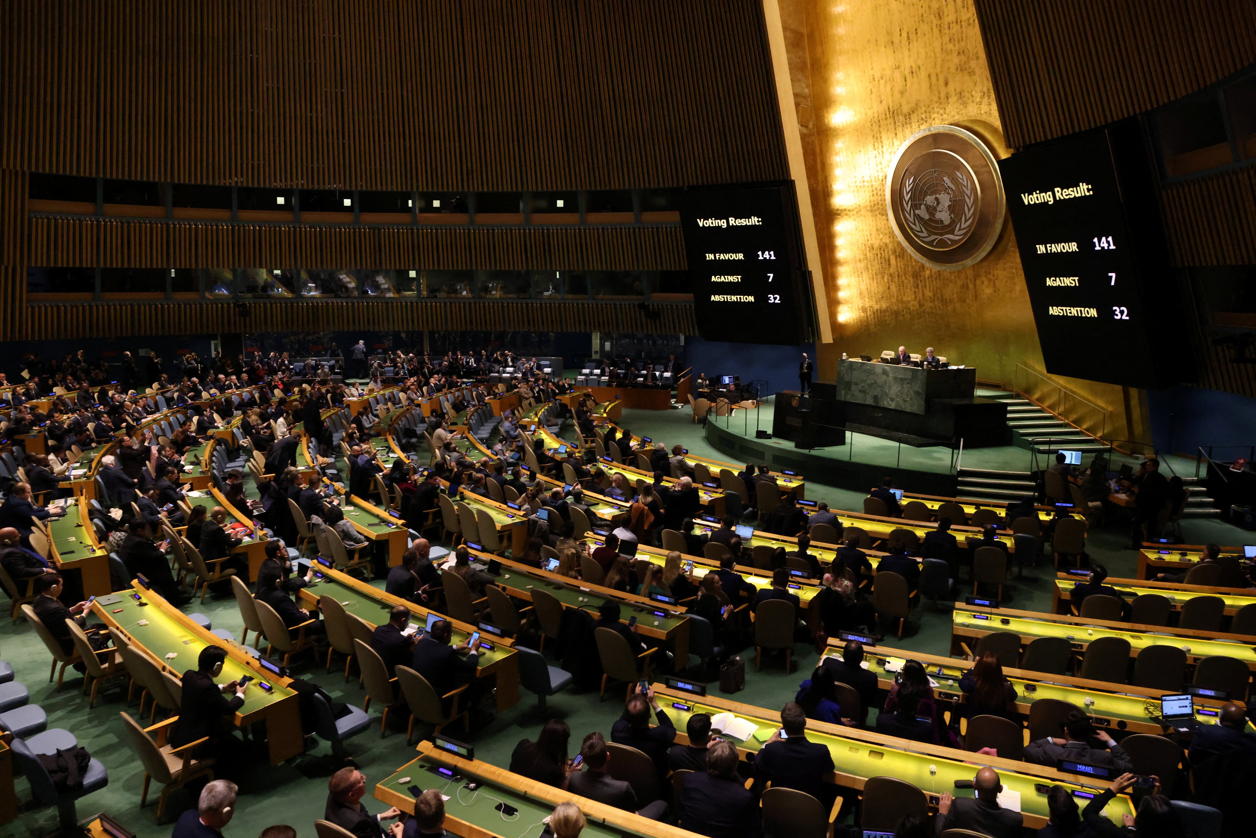 An electronic sign displays the results of a vote by delegations adopting a resolution on Ukraine at UN headquarters in New York in 2023. File photo: Reuters