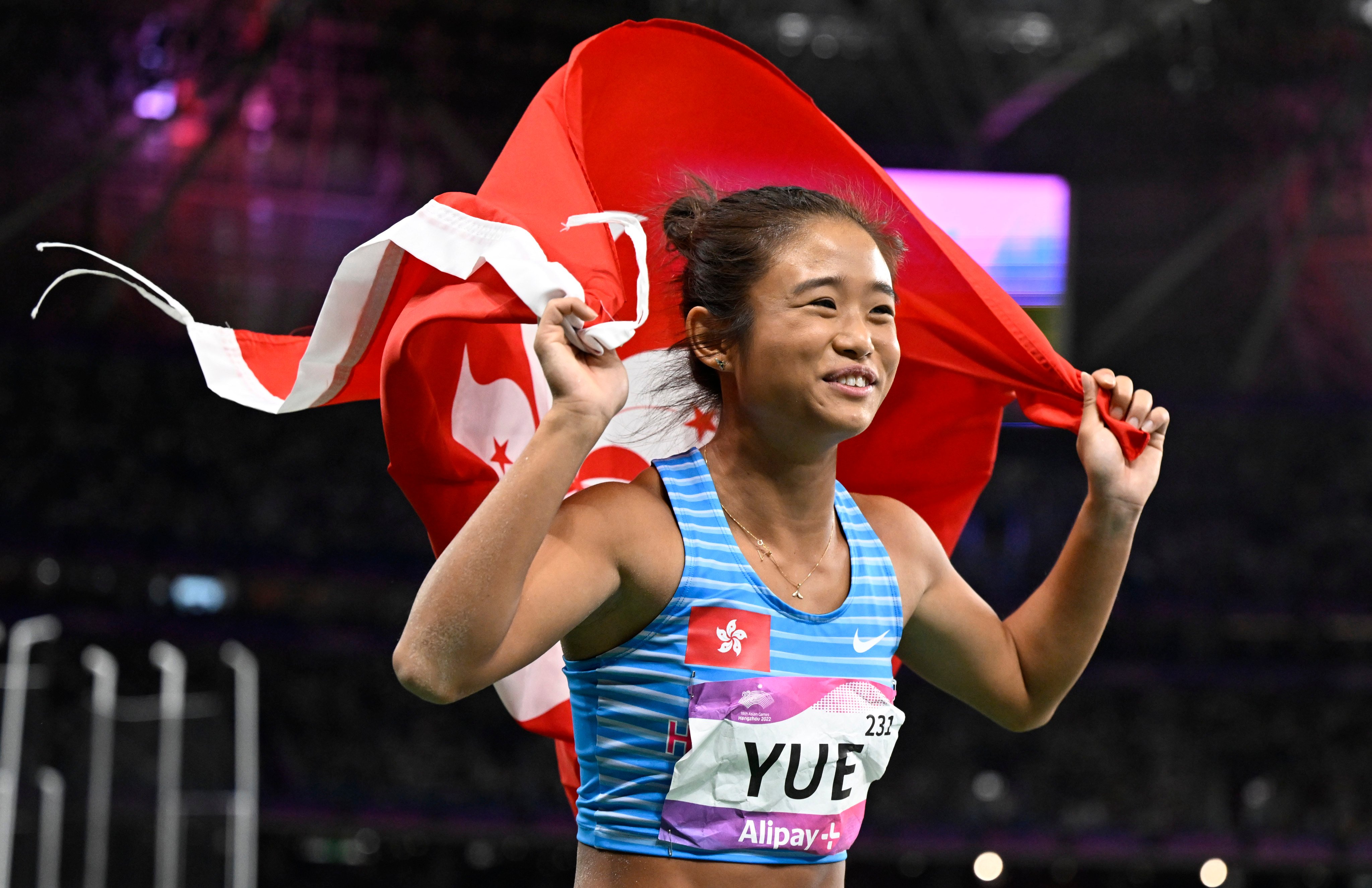 Hong Kong’s Tiffany Yue celebrates long jump bronze at the Asian Games in 2023. Photo: Xinhua