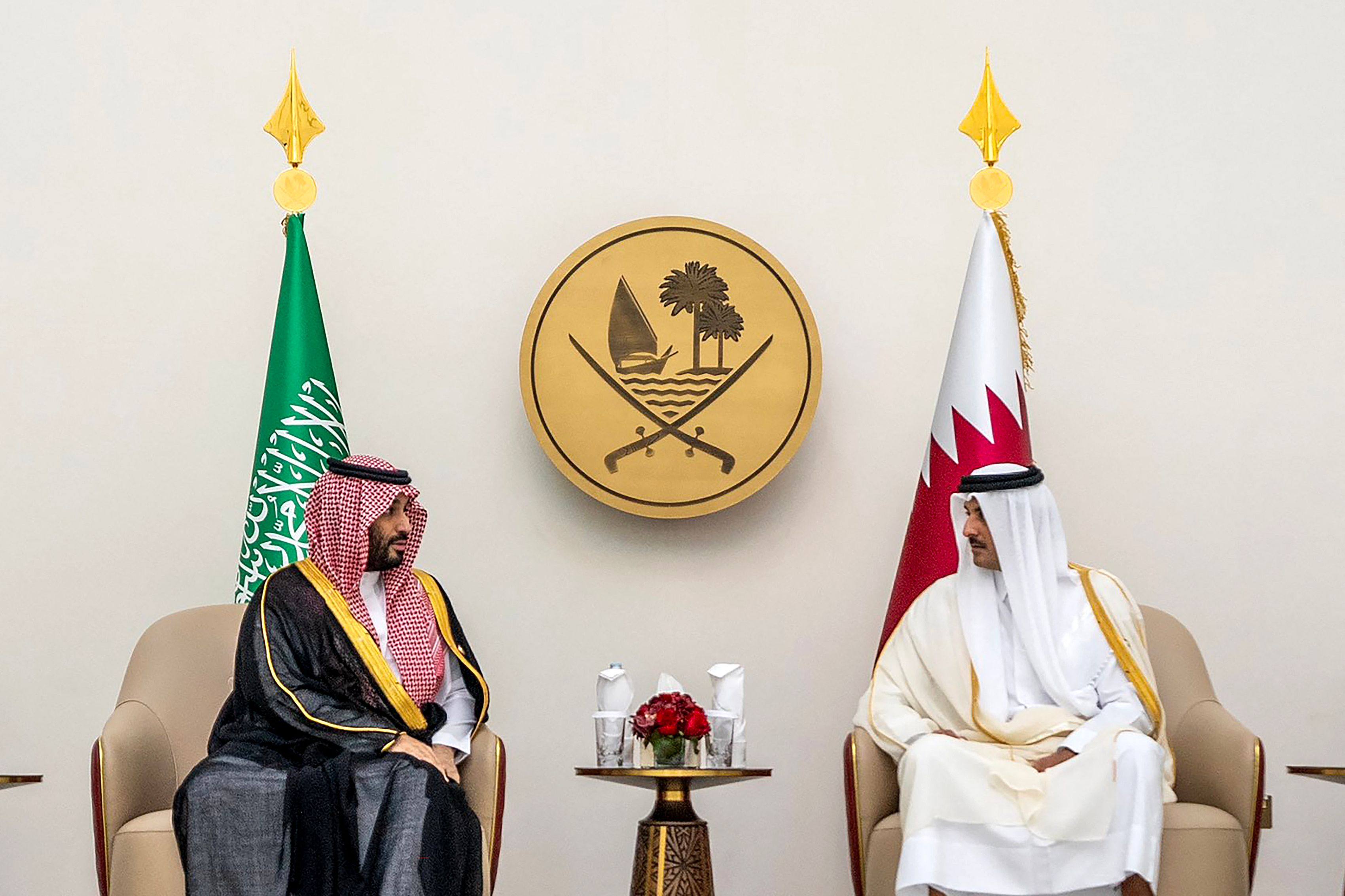 Qatar’s Emir Sheikh Tamim bin Hamad al-Thani meets with Saudi Arabia’s Crown Prince Mohammed bin Salman bin Abdulaziz al-Saud in Doha during a Gulf Cooperation Council meeting in 2023. Photo: AFP