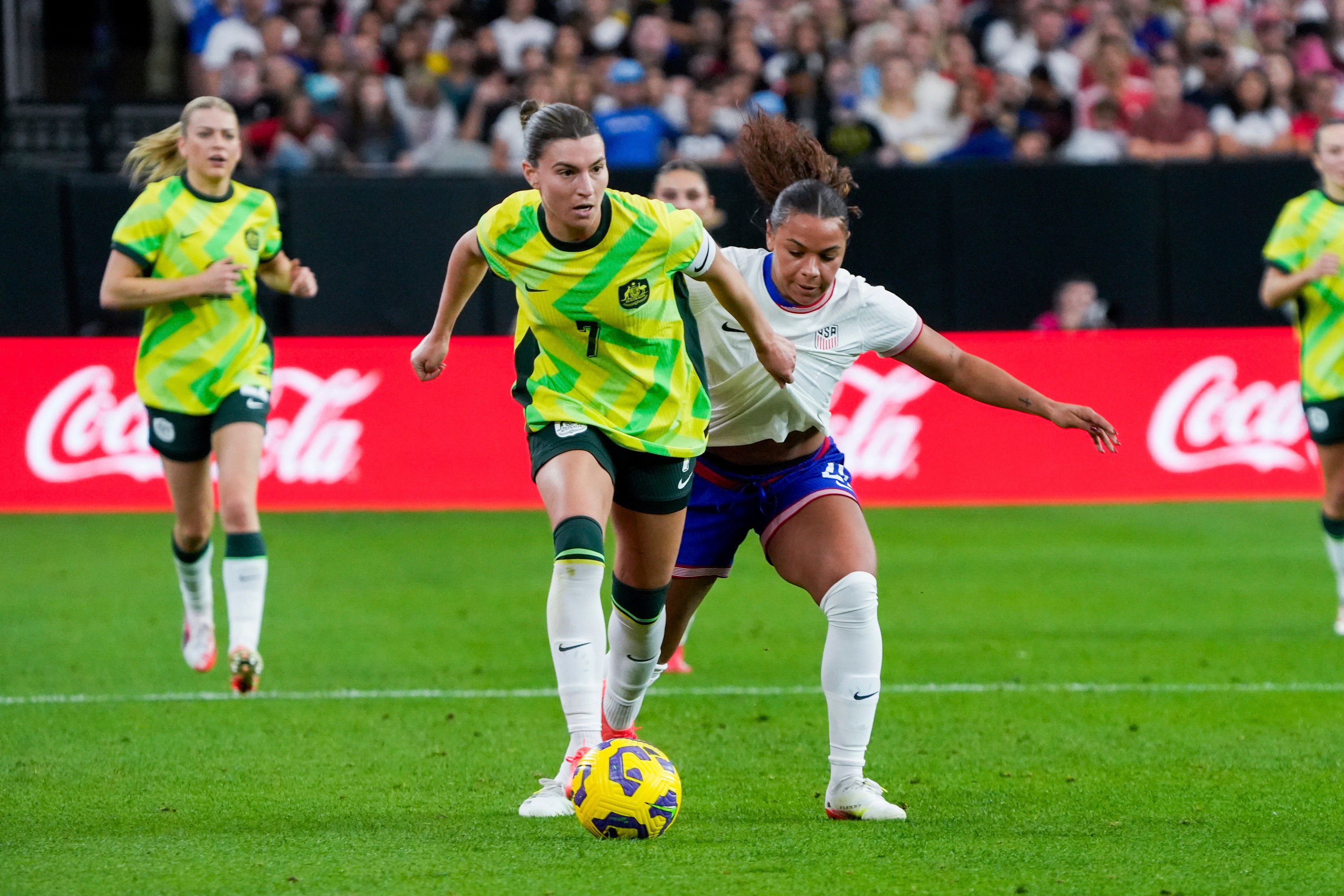 Australia captain Steph Catley (middle) is among the Matildas to condemn comments by comedian Marty Sheargold over the team’s losses at the SheBelieves Cup to the United States (above) and Japan. Photo: AP