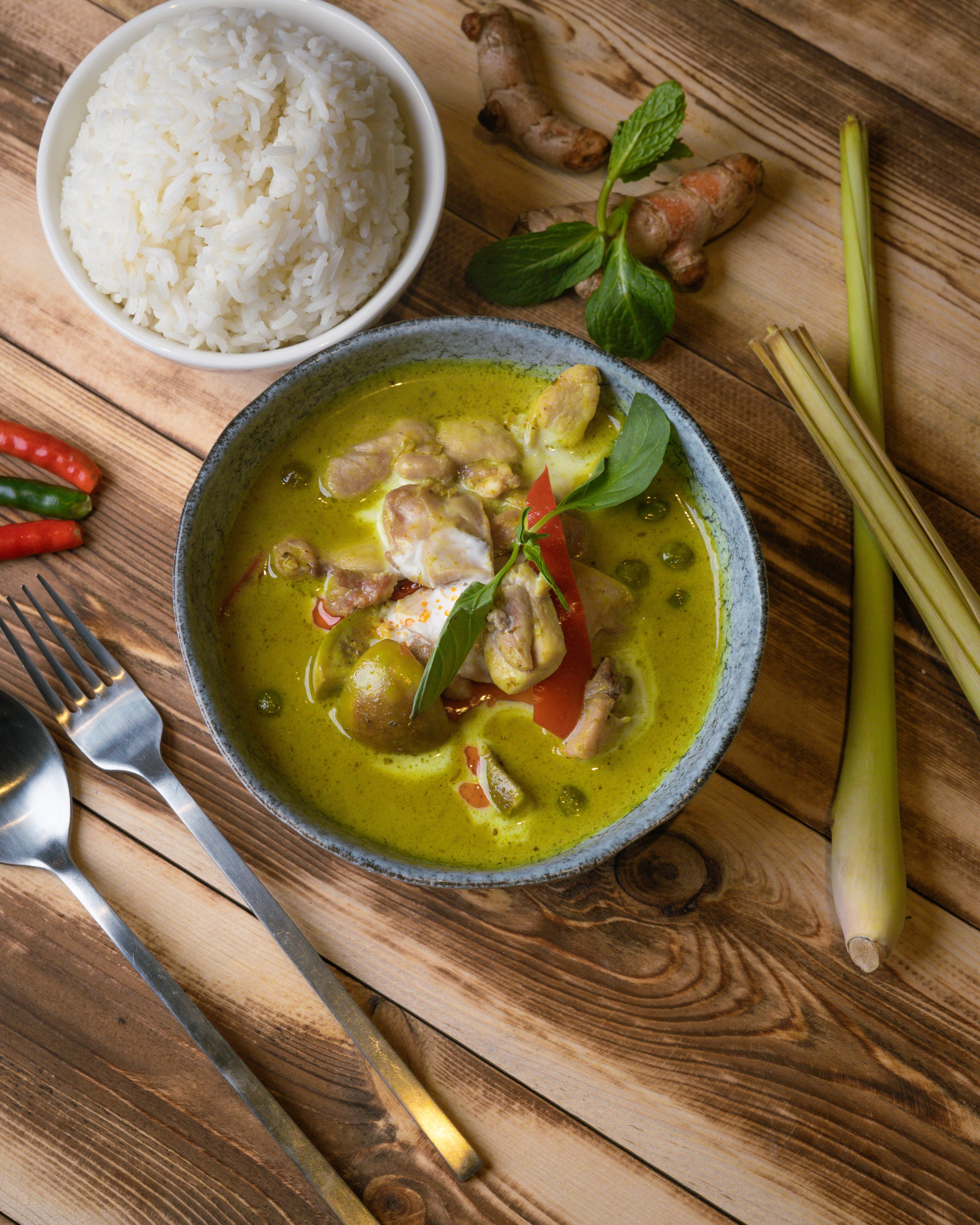 Green curry with chicken and rice at soon-to-open Yaowarat Thai restaurant in Hong Kong. Photo: Yaowarat