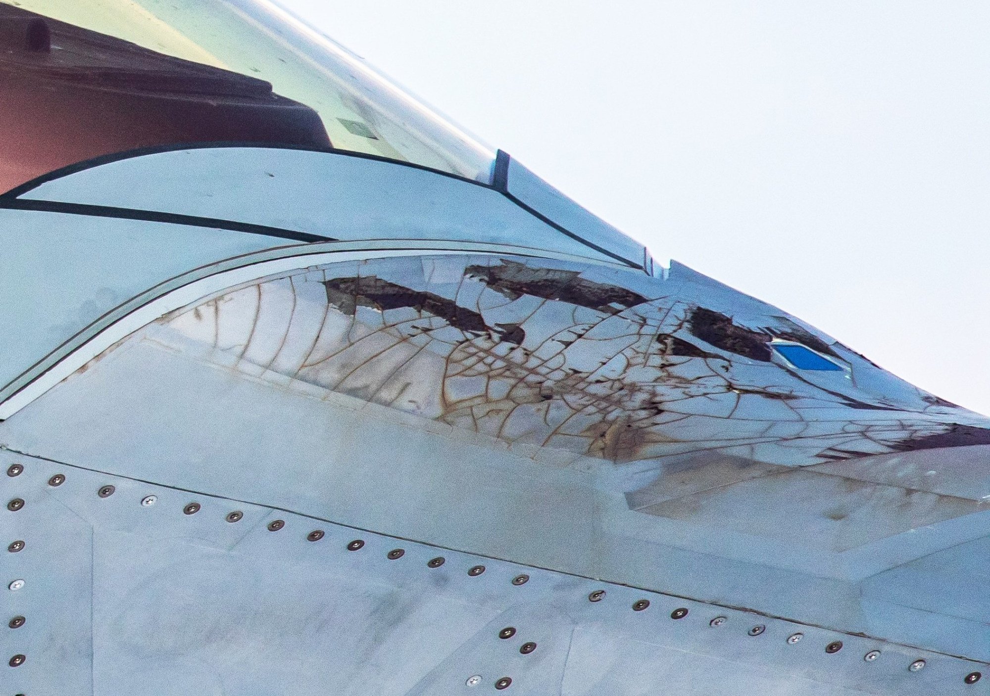 Extreme corrosion of the radar-absorbent coating on an F-22 Raptor. The US often has to apply new coating layers to its stealth fighters but China has developed technology that gives a longer-lasting solution. Photo: Handout Extreme corrosion of the radar-absorbent coating on an F-22 Raptor. The US often has to apply new coating layers to its stealth fighters but China has developed technology that gives a longer-lasting solution. Photo: Handout