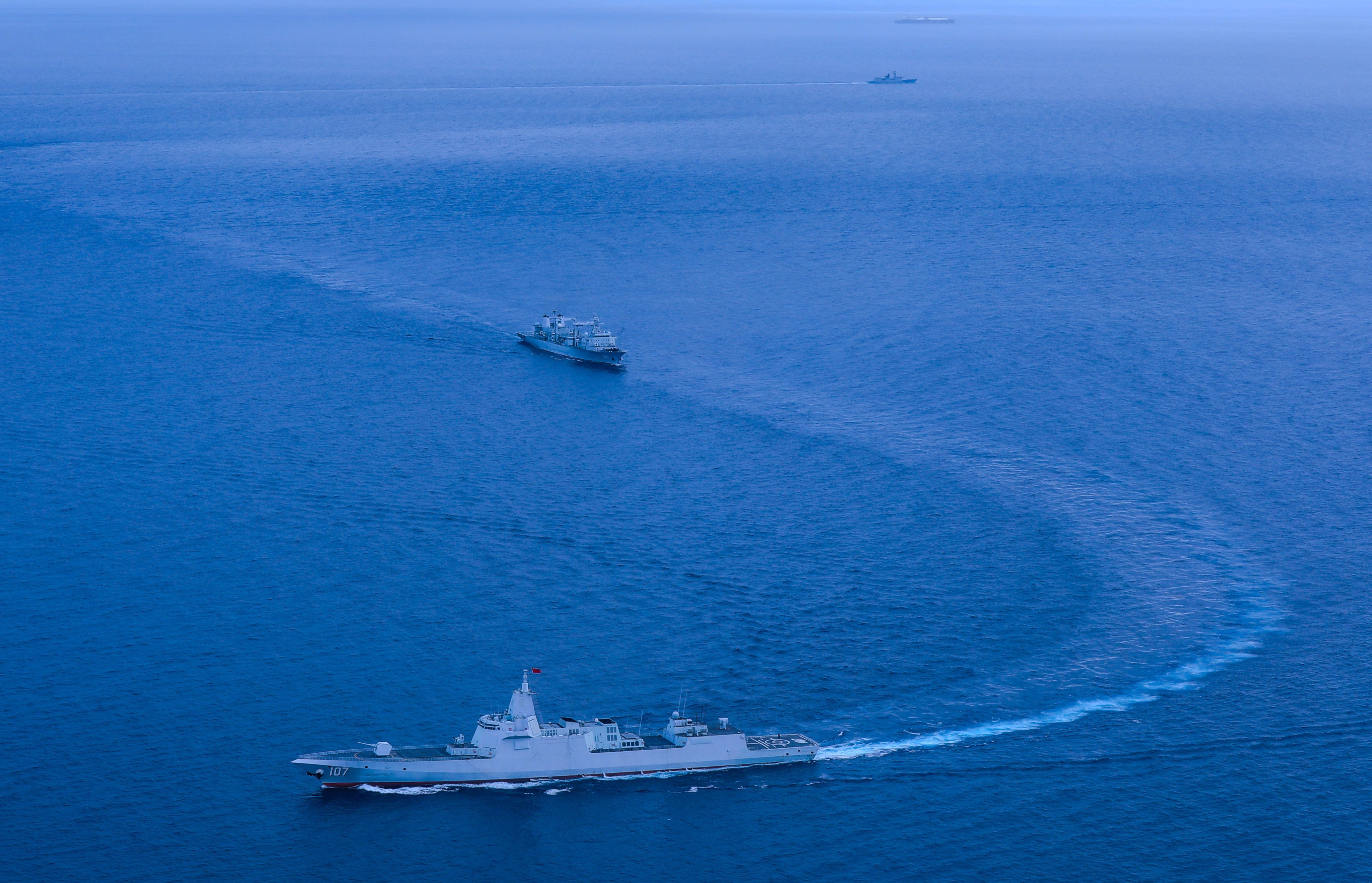 A PLA Navy flotilla consisting of a destroyer, a frigate and a replenishment vessel have carried out combat exercises off Australia in recent days. Photo: CCTV 