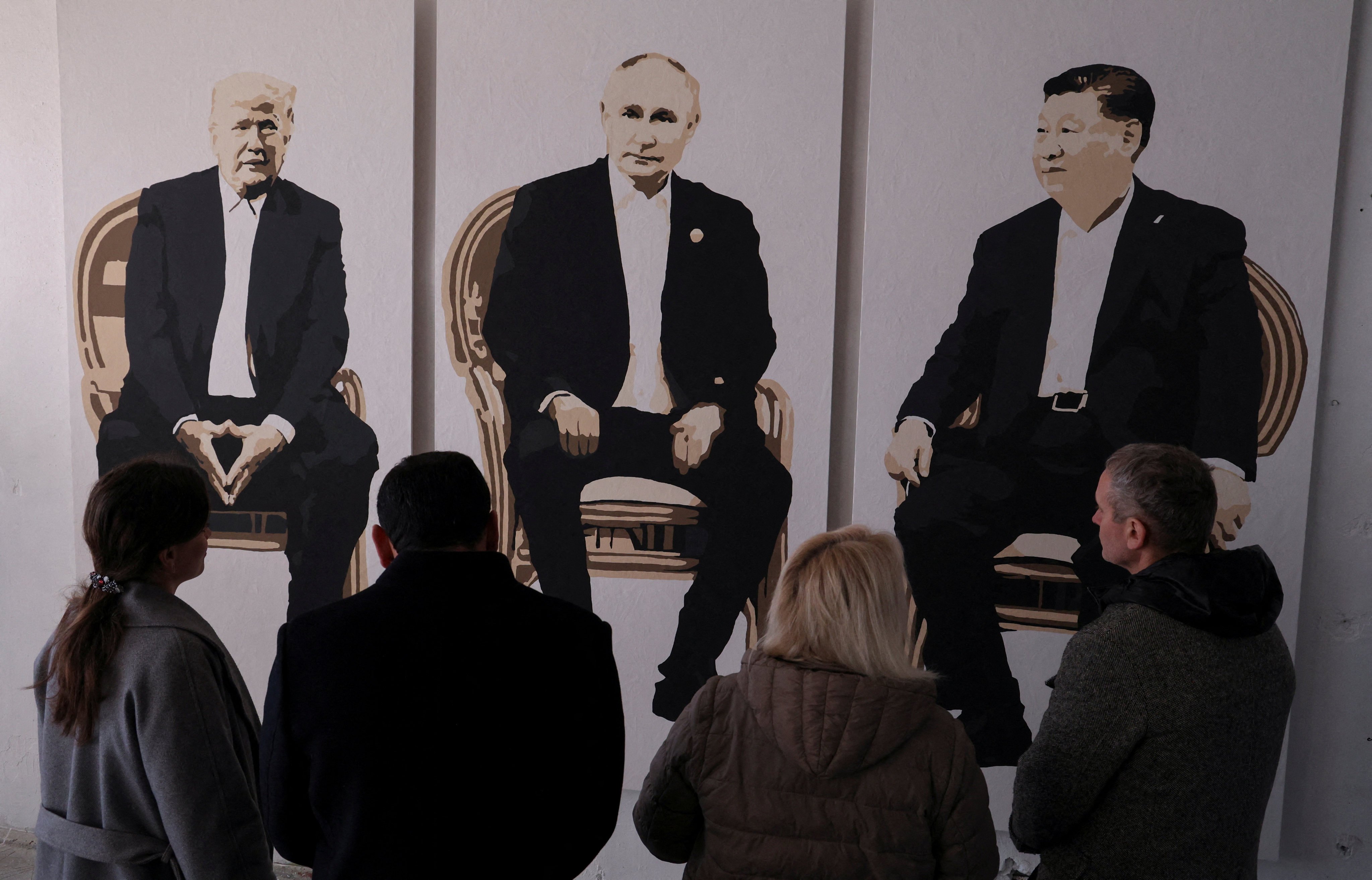 An artwork of US President Donald Trump, Russian President Vladimir Putin and Chinese President Xi Jinping at an exhibition called “Yalta 2.0” at a gallery in Livadia park in Crimea on February 8. The Trump administration has signalled a strategic abandonment of Ukraine and even the broader European community. Photo: Reuters