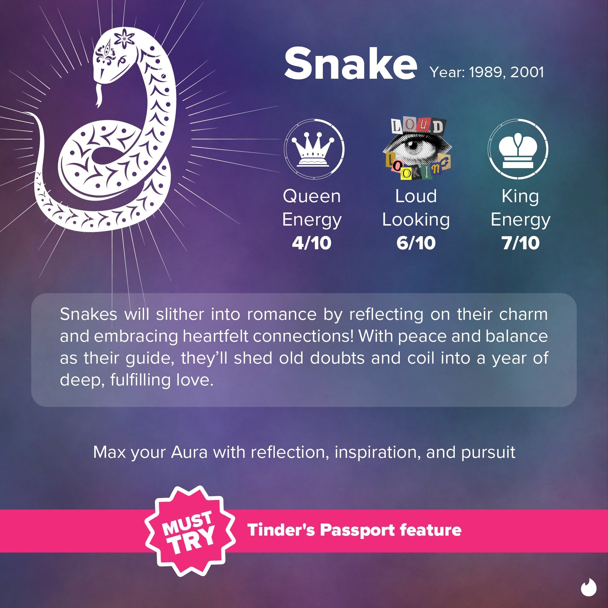 “Peace and balance” will guide those born in the Year of the Snake into deep and fulfilling love this lunar year. Photo: Tinder APAC