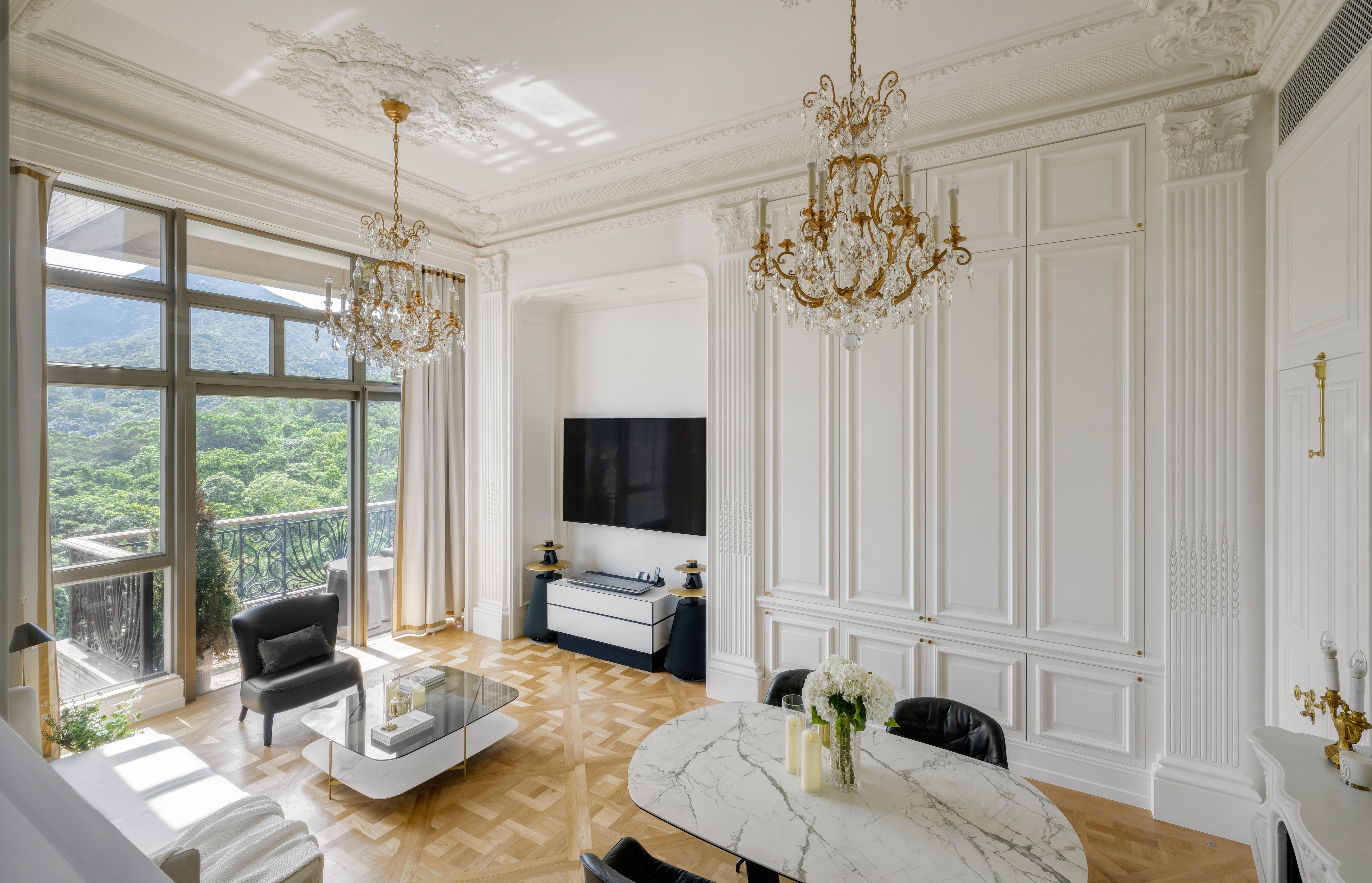 The living room of the Palace of Versailles-inspired, Pocket Square-designed flat in Tai Wai, in the northeast of Hong Kong. Photo: Steven Ko