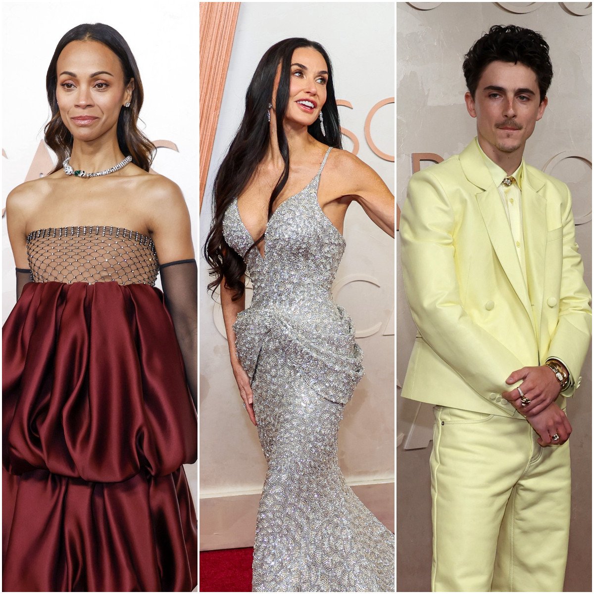 Zoe Saldana, Demi Moore and Timothée Chalamet stunned at the 2025 Oscars. Photos: EPA-EFE, Los Angeles Times/TNS, Reuters