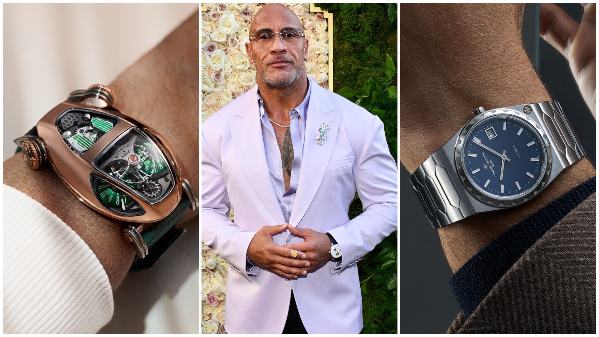 From left: MB&F and Bulgari reinterpret the Serpenti; Dwayne “The Rock” Johnson rocks an IWC Portugieser Eternal Calendar; Vacheron Constantin releases the Historiques 222 in steel. Photos: Handout; Getty Images; handout