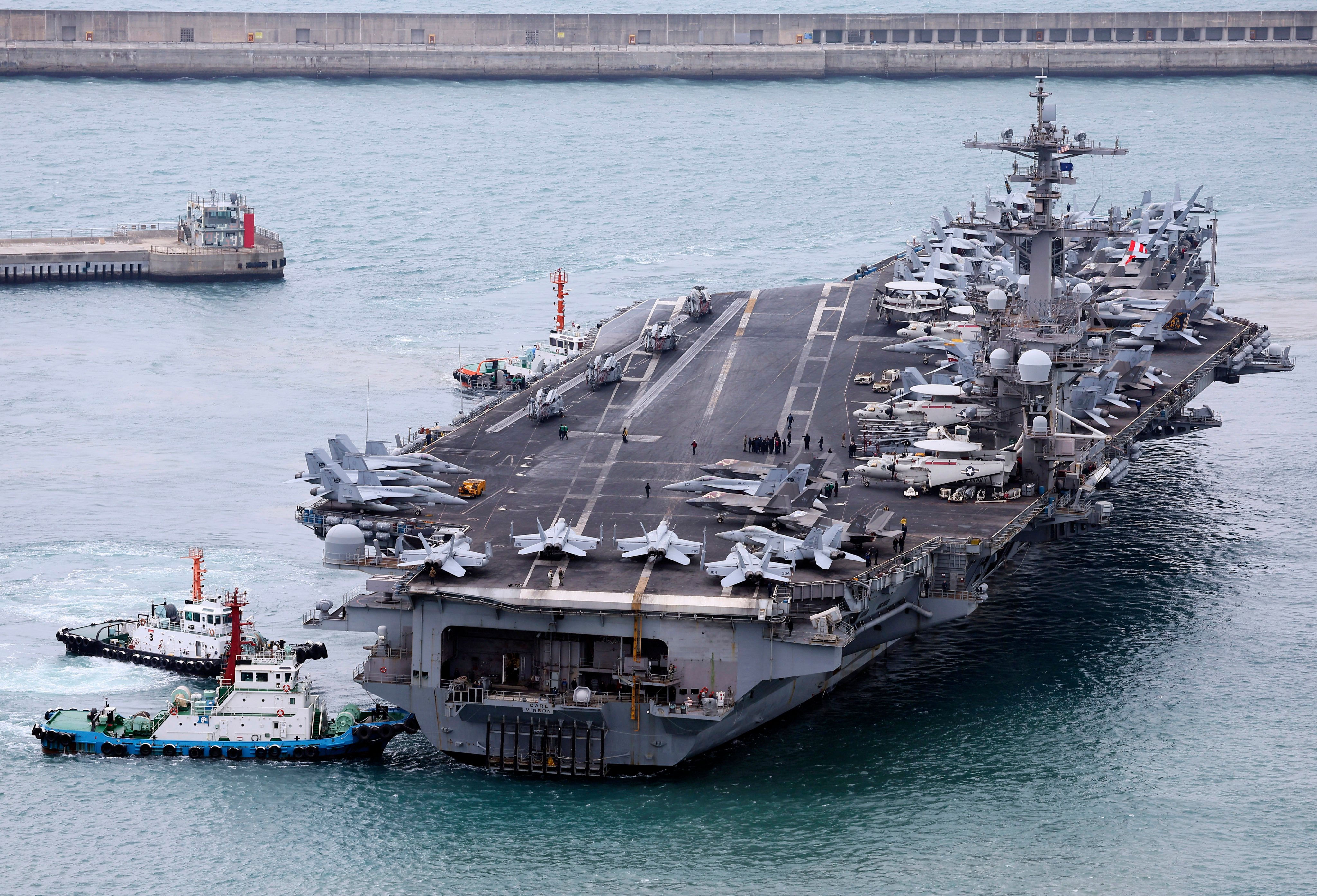 The USS Carl Vinson aircraft carrier arrives at a naval port in Busan, South Korea, on Sunday. Photo: AP