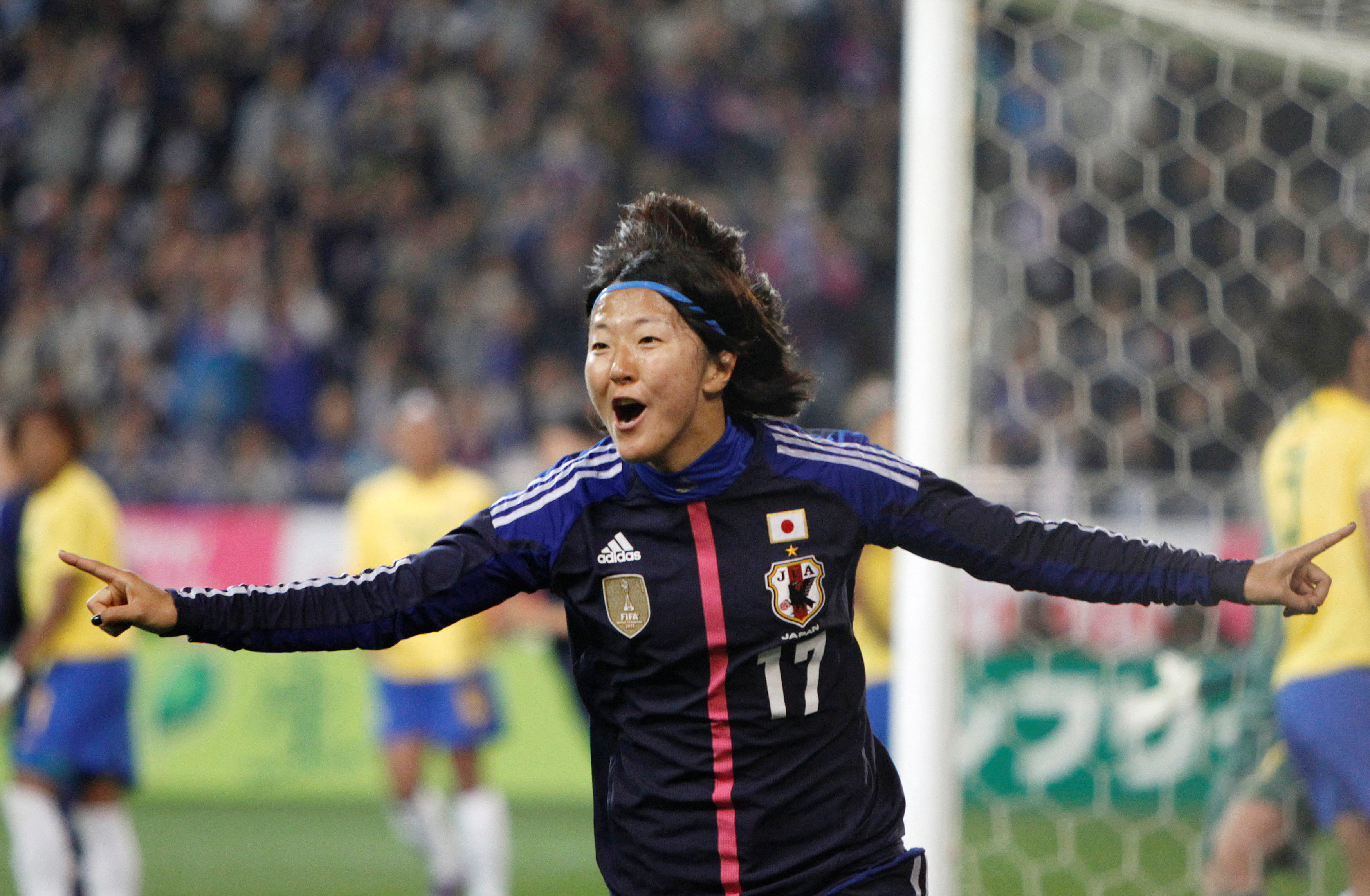 Yuki Nagasato, seen here  celebrating her goal against Brazil in a 2012 friendly match in Kobe, won the Wortld Cup in 2011 and Olympic silver in 2012. Photo: Reuters