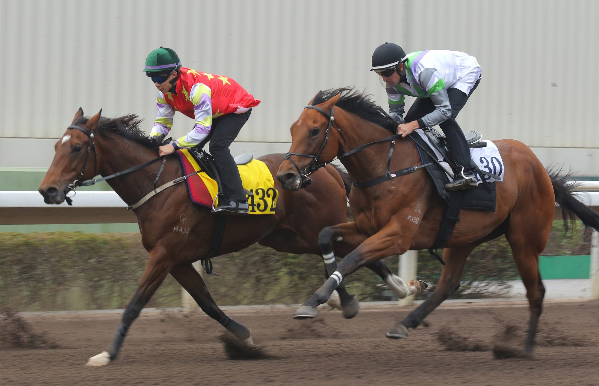 Hugh Bowman pilots Light Years Charm (right) in a recent dirt trial.