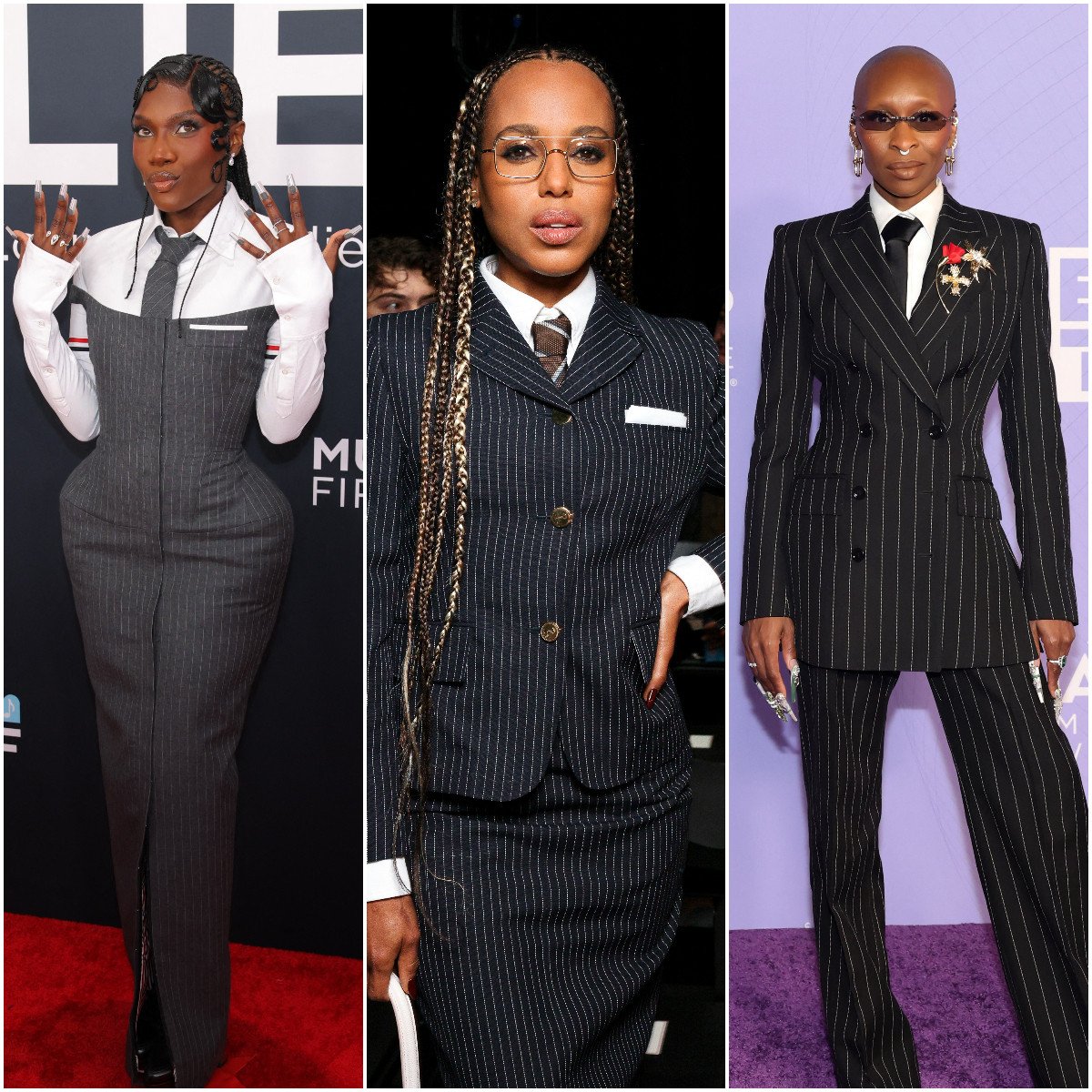 (From left) Doechii, Kerry Washington and Cynthia Erivo all rocked pinstripe-led power outfits on recent red carpets, showing how the once staid men’s boardroom staple has attained the status of high fashion. Photos: Reuters, Handout, Getty Images via AFP