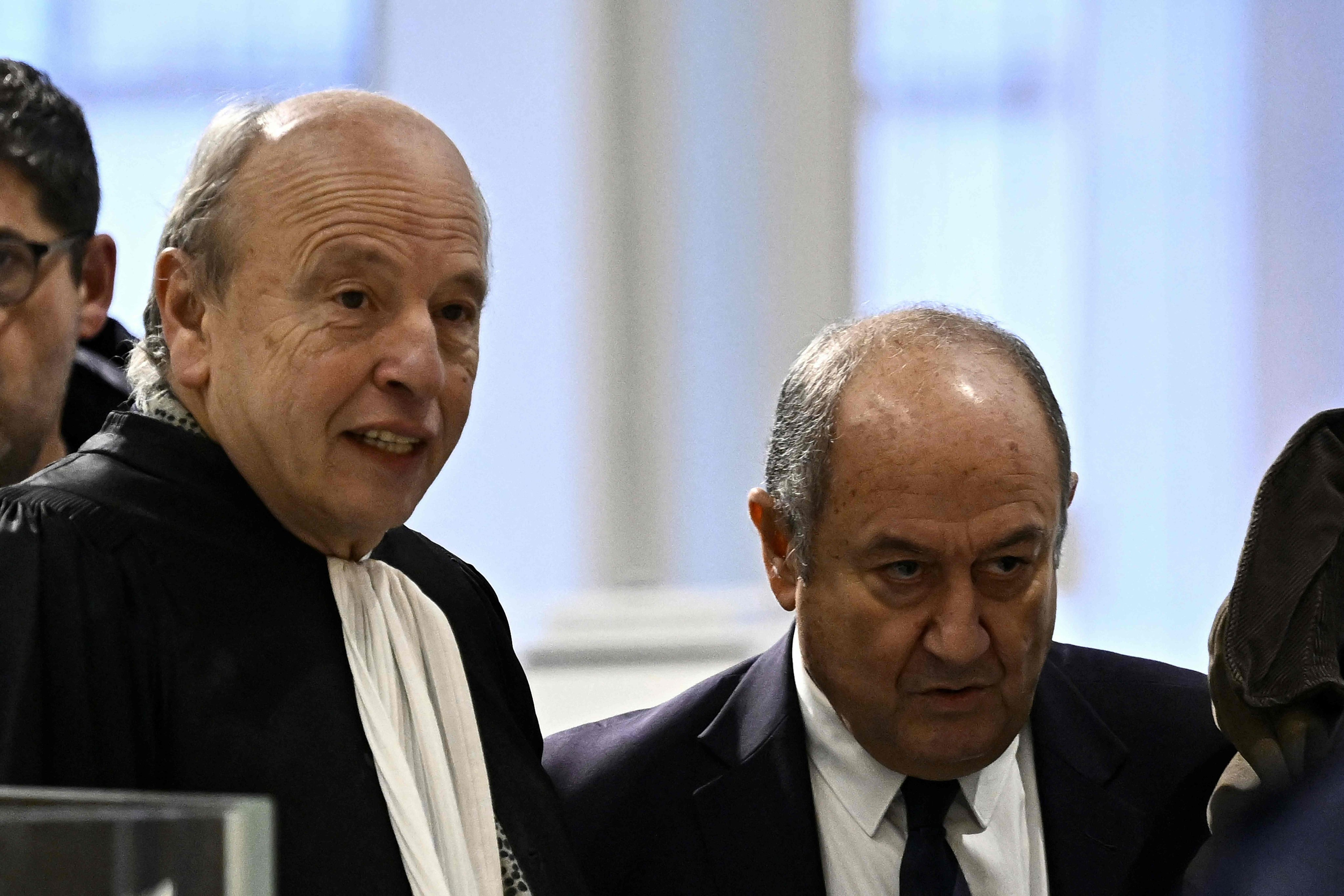 Former French intelligence head Bernard Squarcini (right) with lawyer Dominique Mattei for a hearing of his Paris trial in November 2024 in which he is accused with nine others of spying on French newspaper Fakir and its owner for French luxury group LVMH. Photo: AFP