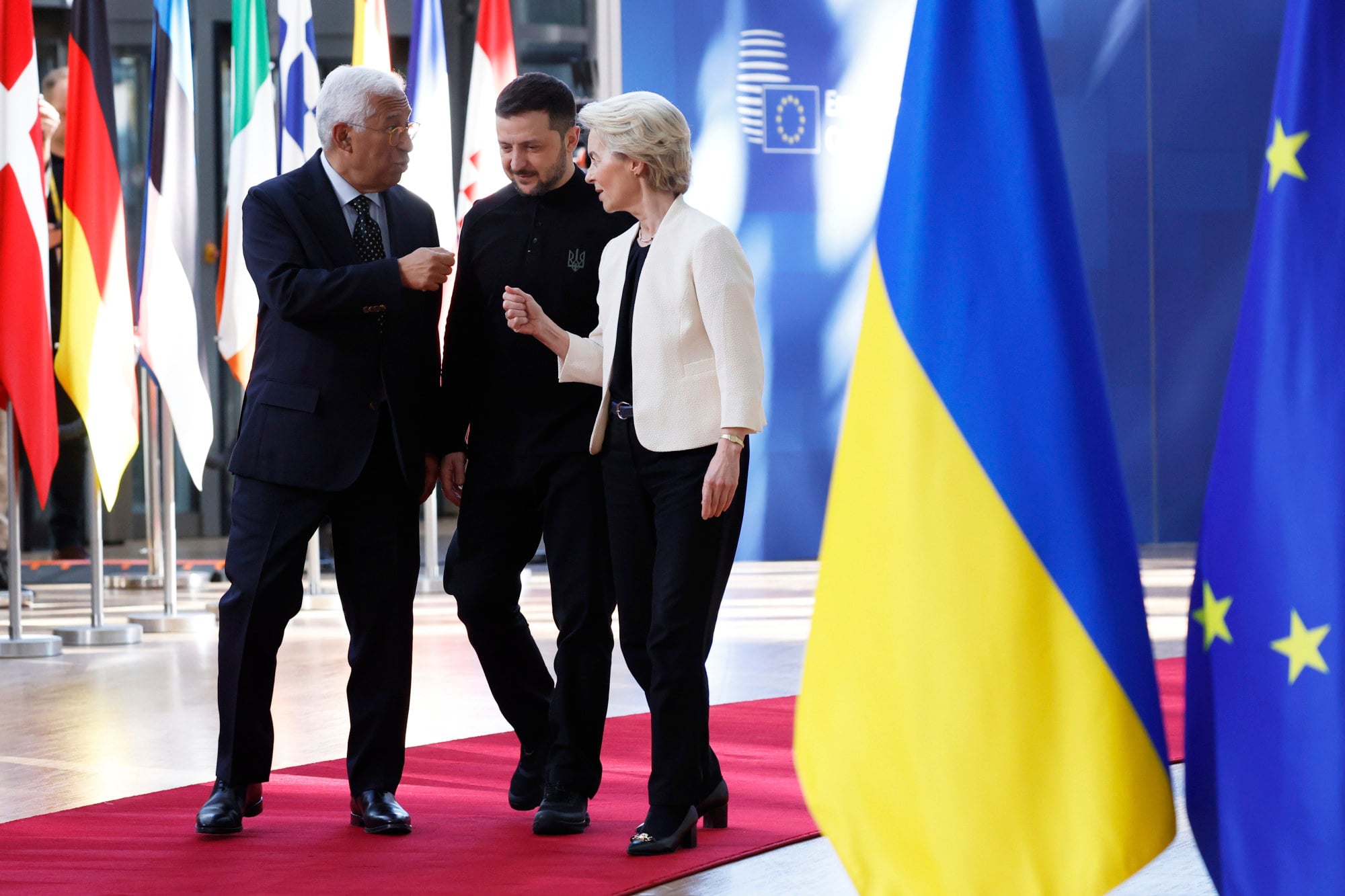 From left, European Council President Antonio Costa, Ukraine’s President Volodymyr Zelensky and European Commission President Ursula von der Leyen arrive for an EU Summit at the European Council building in Brussels on Thursday. Photo: AP From left, European Council President Antonio Costa, Ukraine’s President Volodymyr Zelensky and European Commission President Ursula von der Leyen arrive for an EU Summit at the European Council building in Brussels on Thursday. Photo: AP