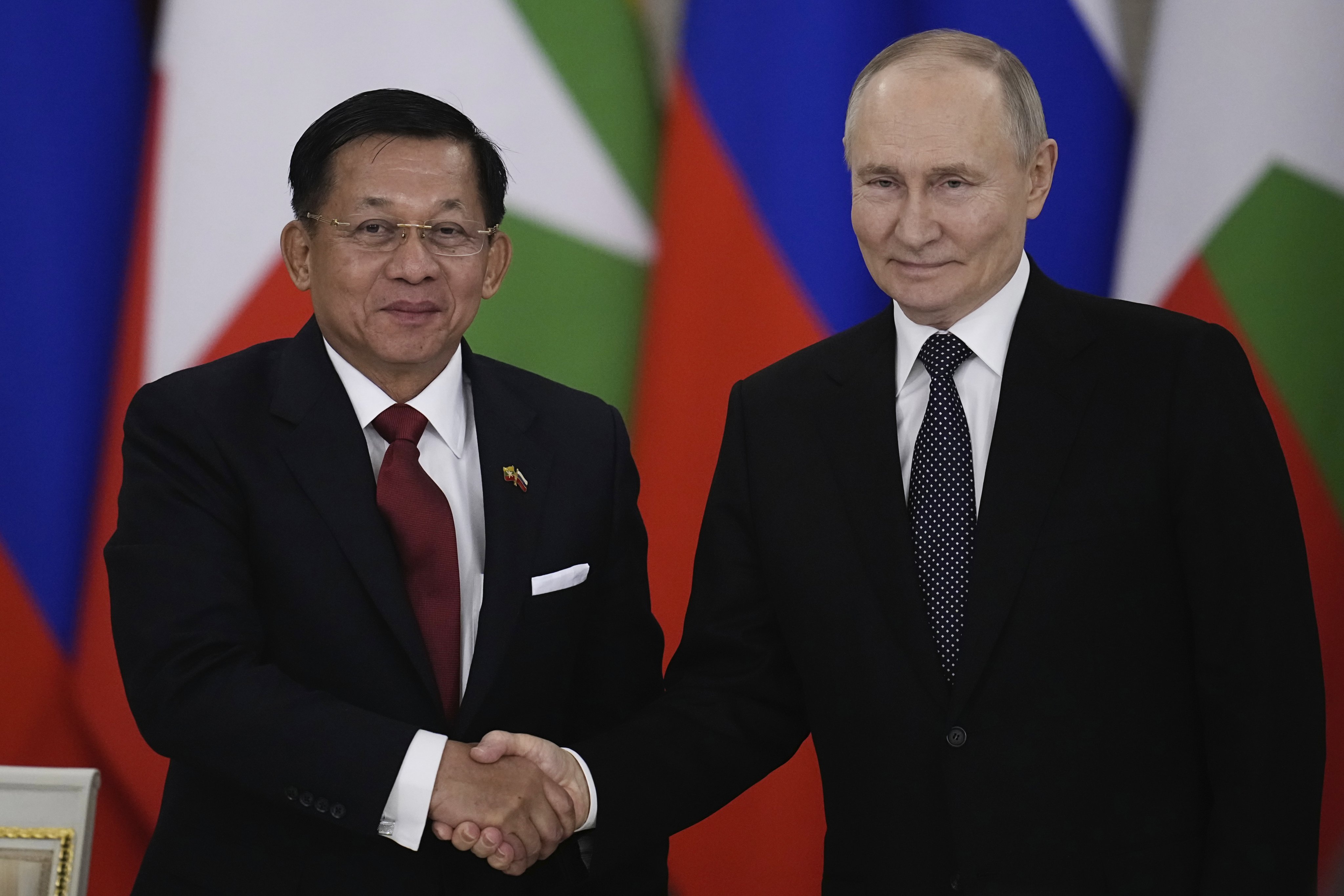 Russian President Vladimir Putin (right) and Myanmar’s military leader Senior General Min Aung Hlaing shake hands after their meeting at the Grand Kremlin Palace in Moscow, Russia, on March 4, 2025. Photo: Pool/EPA-EFE/AP