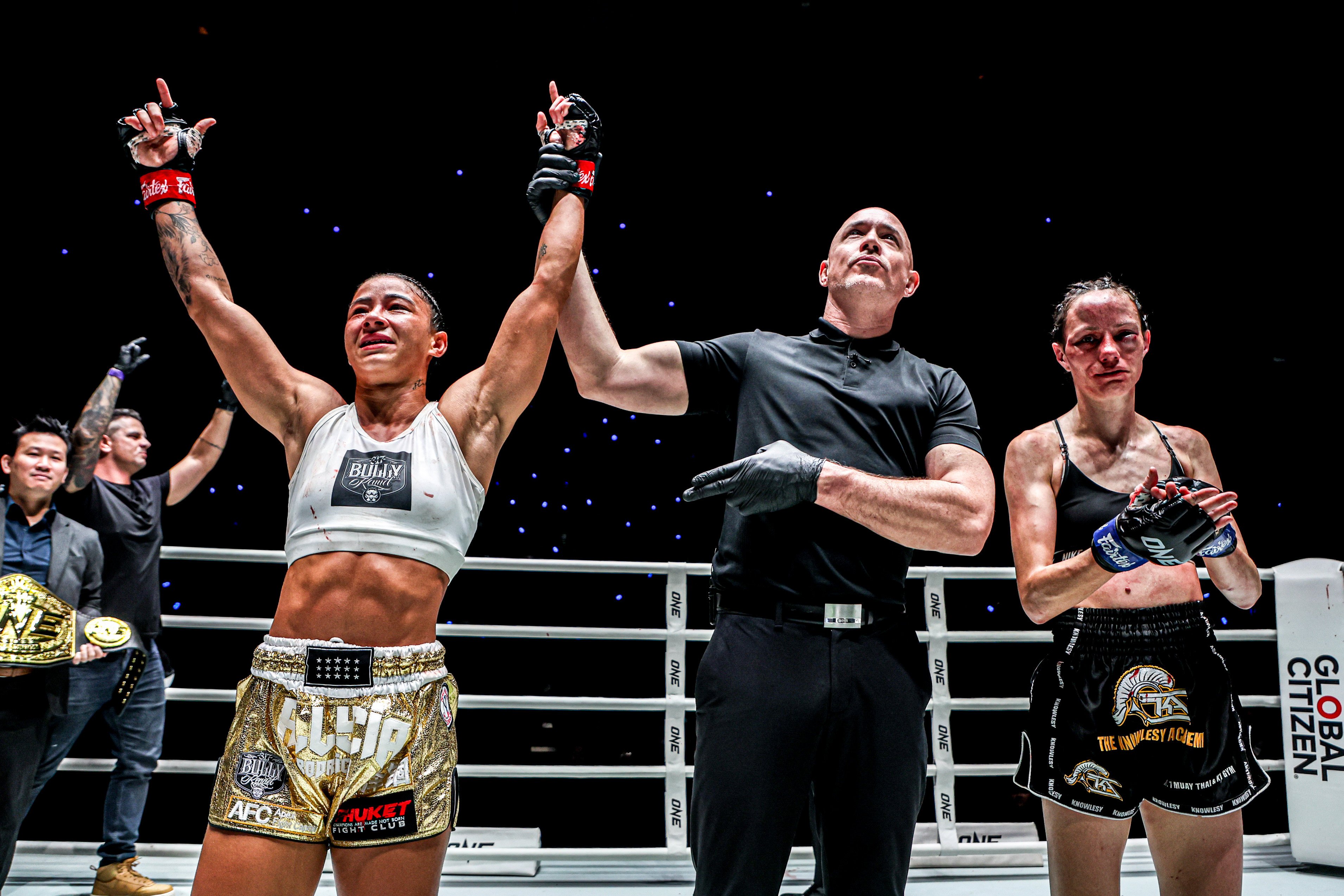 Allycia Hellen Rodrigues celebrates beating Marie McManamon by TKO at ONE Fight Night 29. Photo: ONE Championship