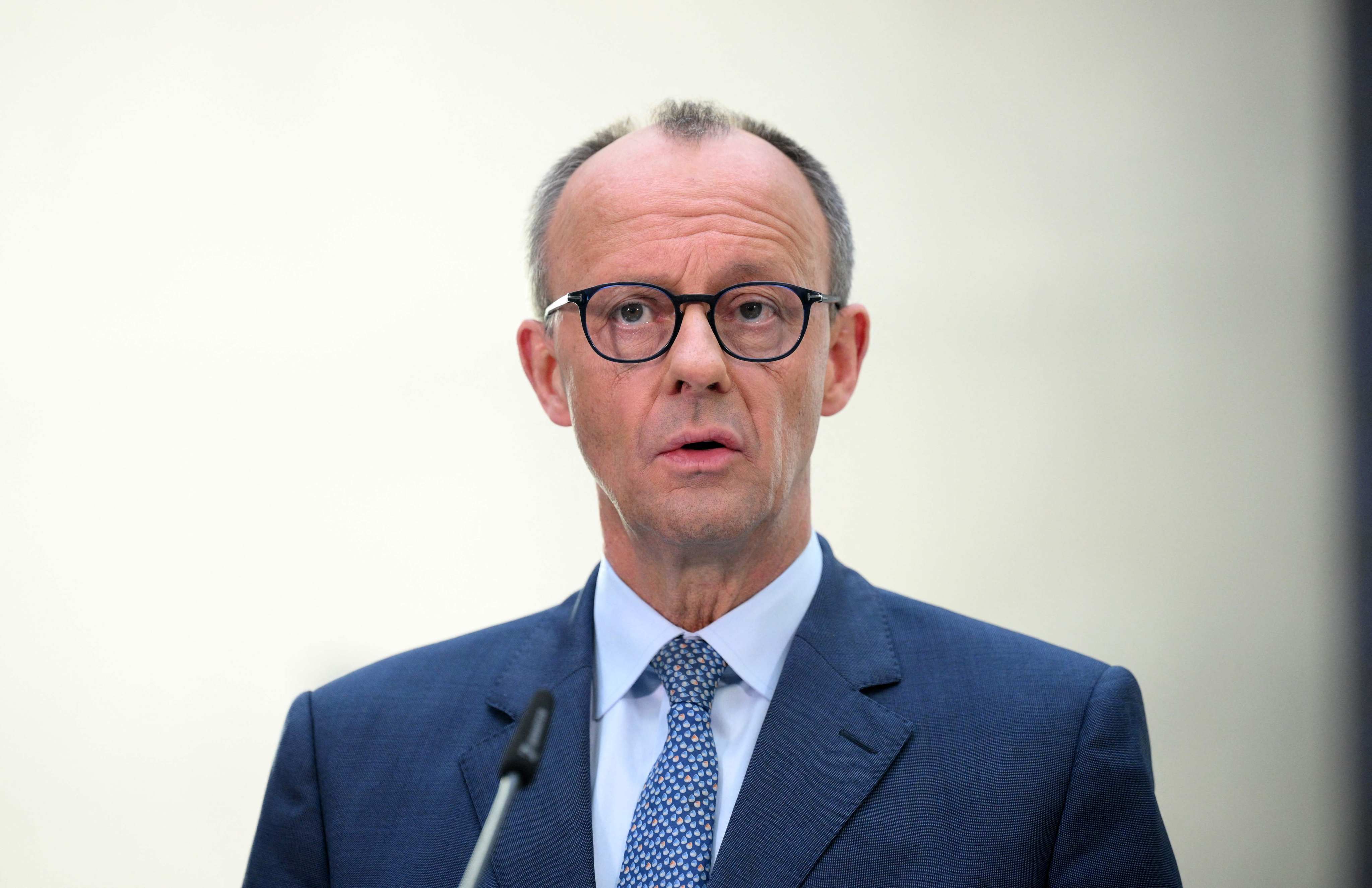 The leader of Germany’s Christian Democratic Union (CDU) party Friedrich Merz giving a statement in Berlin on Saturday. Photo: AFP