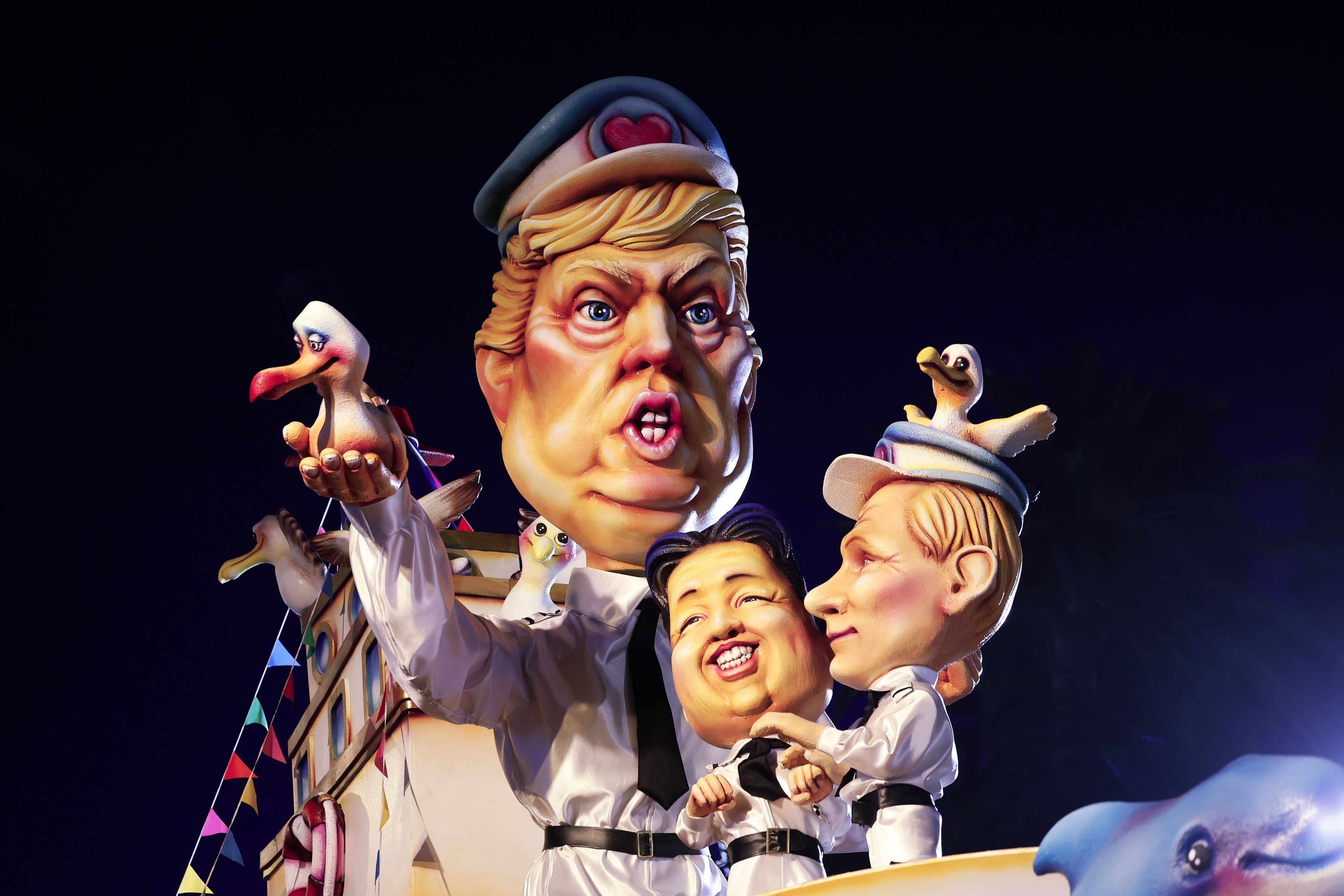 A float depicting US President Donald Trump, North Korean leader Kim Jong-un and Russian President Vladimir Putin passes by the crowd during the Carnival of Nice in France on February 15. South Korea’s strategic posture demands balancing the US alliance, foreign policy autonomy and regional partnerships. Photo: EPA-EFE