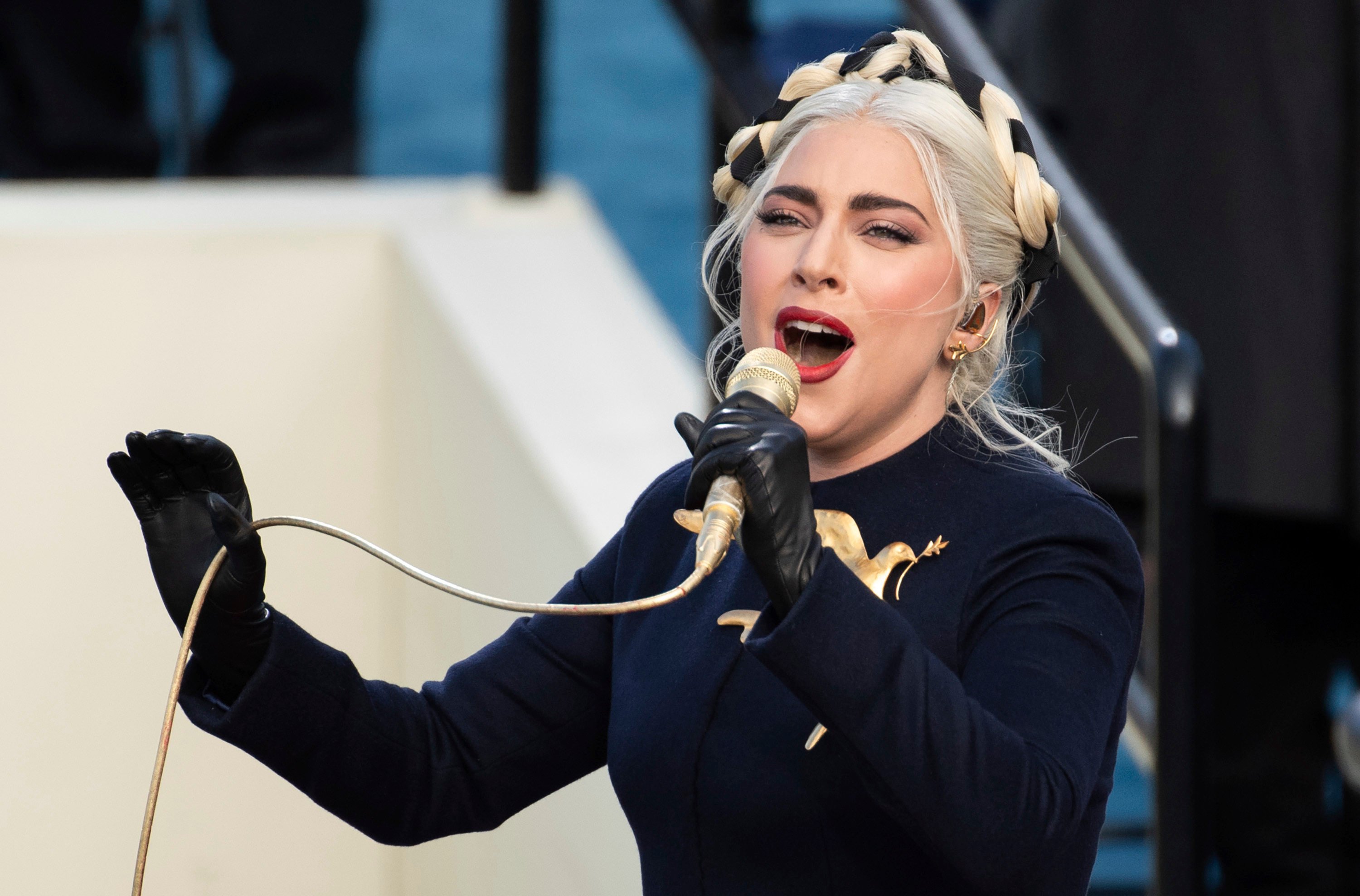 Lady Gaga sings the national anthem during Joe Biden’s inauguration in Washington on January 20, 2021. Photo: Pool/AP